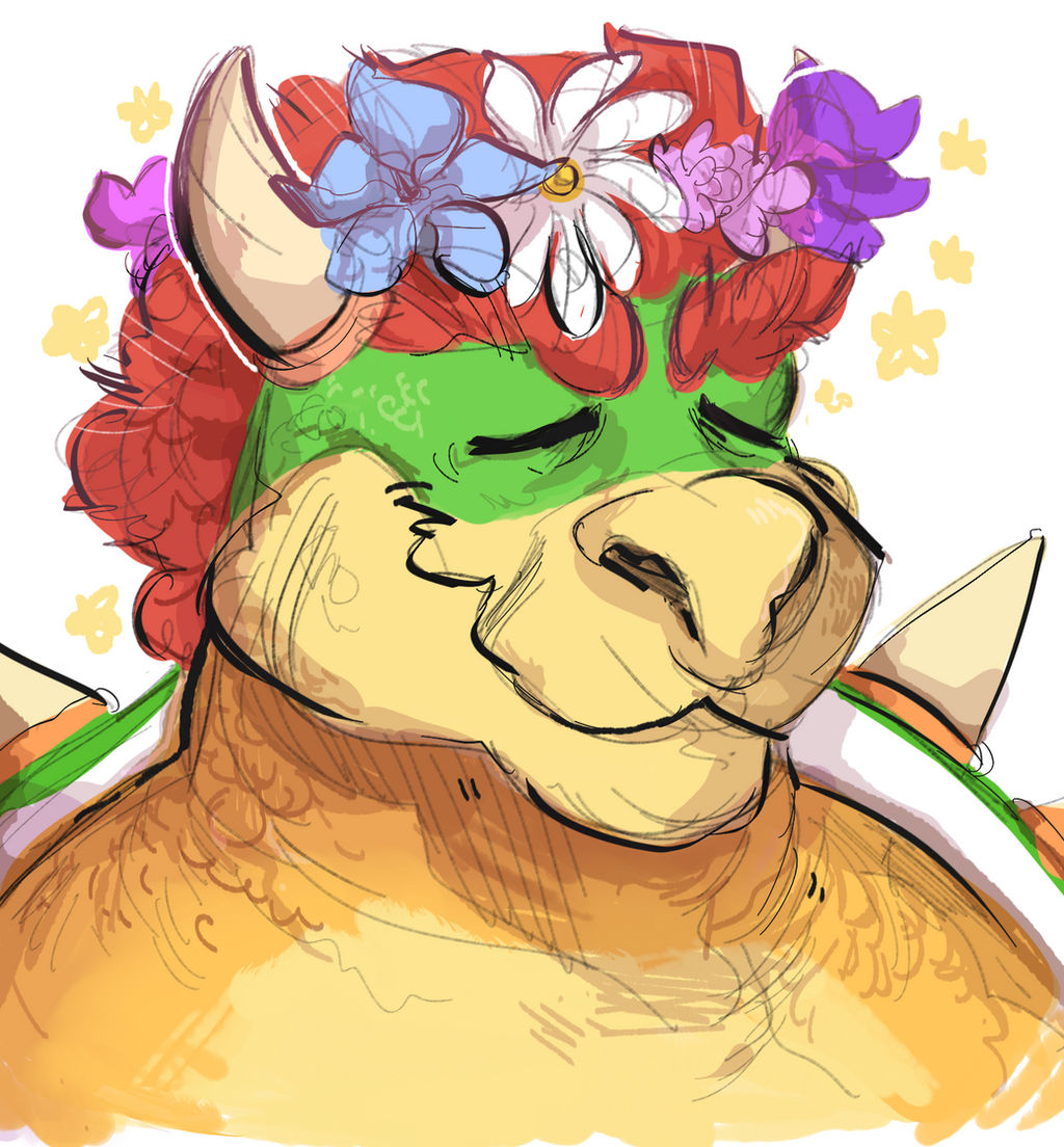 bowser eyes_closed flower flower_crown hair horn koopa legendfromthedeep male mario_bros nintendo plant red_hair scalie smile solo spikes video_games