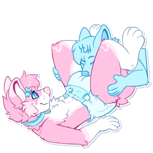 ambiguous_gender anthro applepup blush canid canine canis corruptedkade_(character) diaper domestic_dog duo husky lying mammal nordic_sled_dog on_back pink_body sniffing sniffing_diaper spitz sticker white_diaper ych_(character)