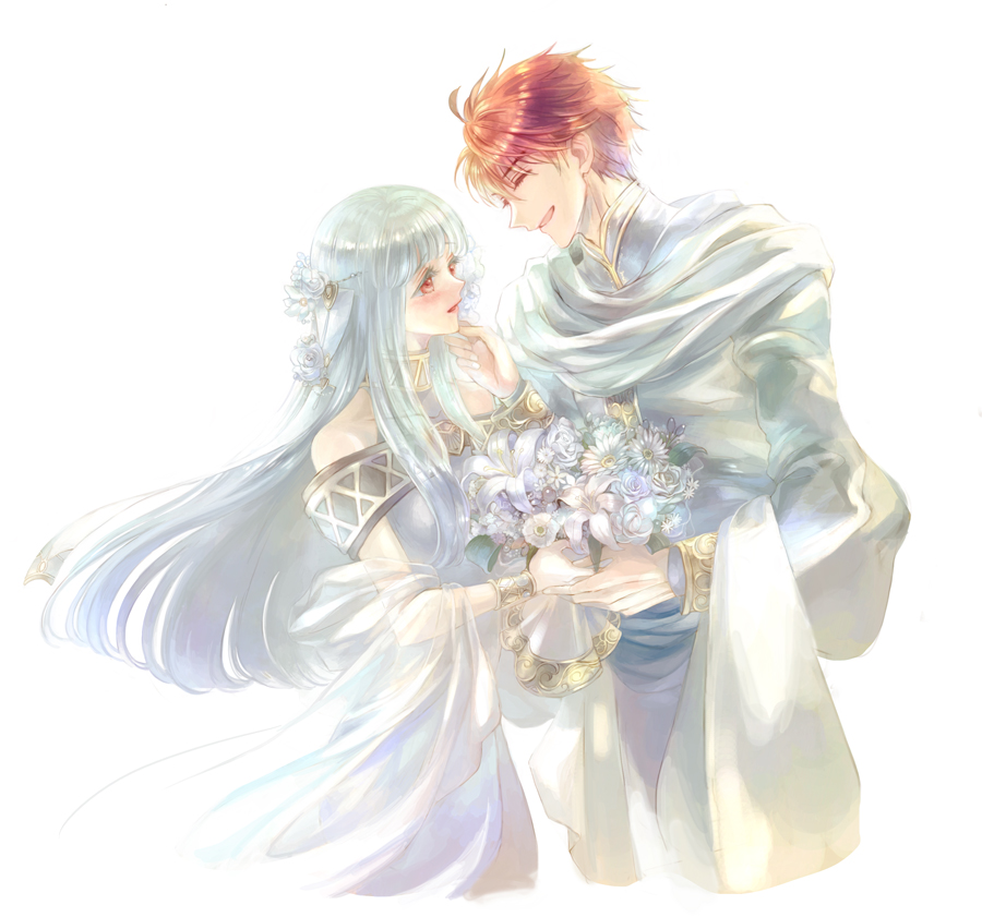 1boy 1girl blue_dress blue_hair bouquet closed_eyes dress eliwood_(fire_emblem) fire_emblem fire_emblem:_the_blazing_blade flower hair_flower hair_ornament hand_on_another's_chin kuzumosu light_blue_hair long_hair looking_at_another ninian_(fire_emblem) official_alternate_costume red_eyes red_hair robe smile white_background white_flower white_robe