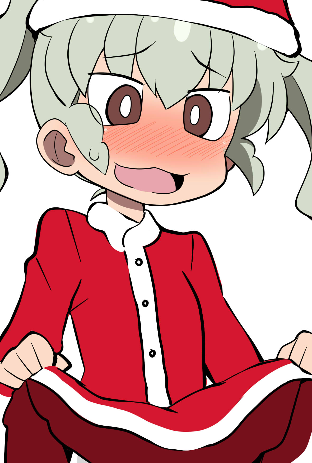 1girl anchovy_(girls_und_panzer) bangs blush bright_pupils brown_eyes christmas clothes_lift commentary dress dress_lift drill_hair embarrassed girls_und_panzer green_hair hat highres lifted_by_self long_hair long_sleeves looking_at_viewer open_mouth parody red_headwear santa_dress santa_hat simple_background smile solo style_parody sweatdrop twin_drills twintails ueno-san_wa_bukiyou wakku_kan white_background white_pupils