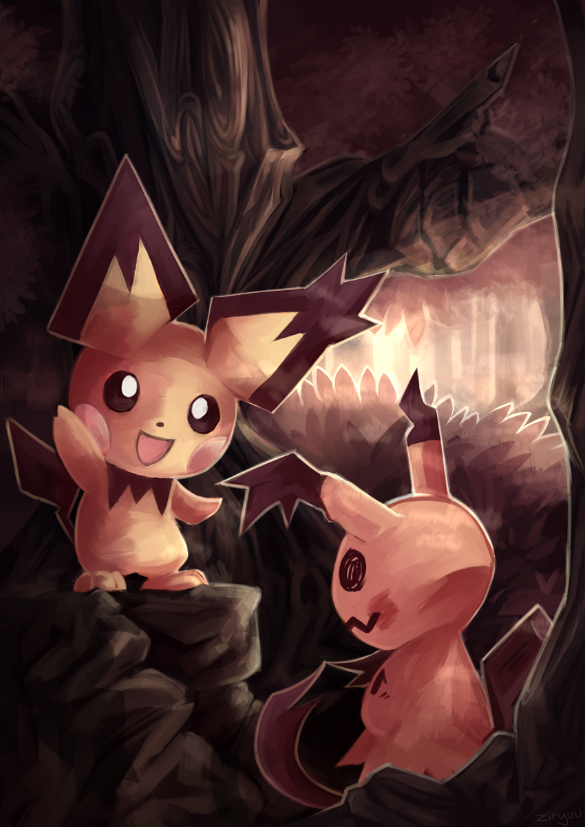 3_toes ambiguous_gender black_body black_sclera cave dim_lighting duo feet feral generation_2_pokemon generation_7_pokemon gesture hi_res inside looking_up_at_another mimikyu multicolored_body nintendo open_mouth pichu pink_cheeks pokemon pokemon_(species) pupils spiky-eared_pichu toes two_tone_body video_games waving waving_at_viewer white_pupils yellow_body ziryuu