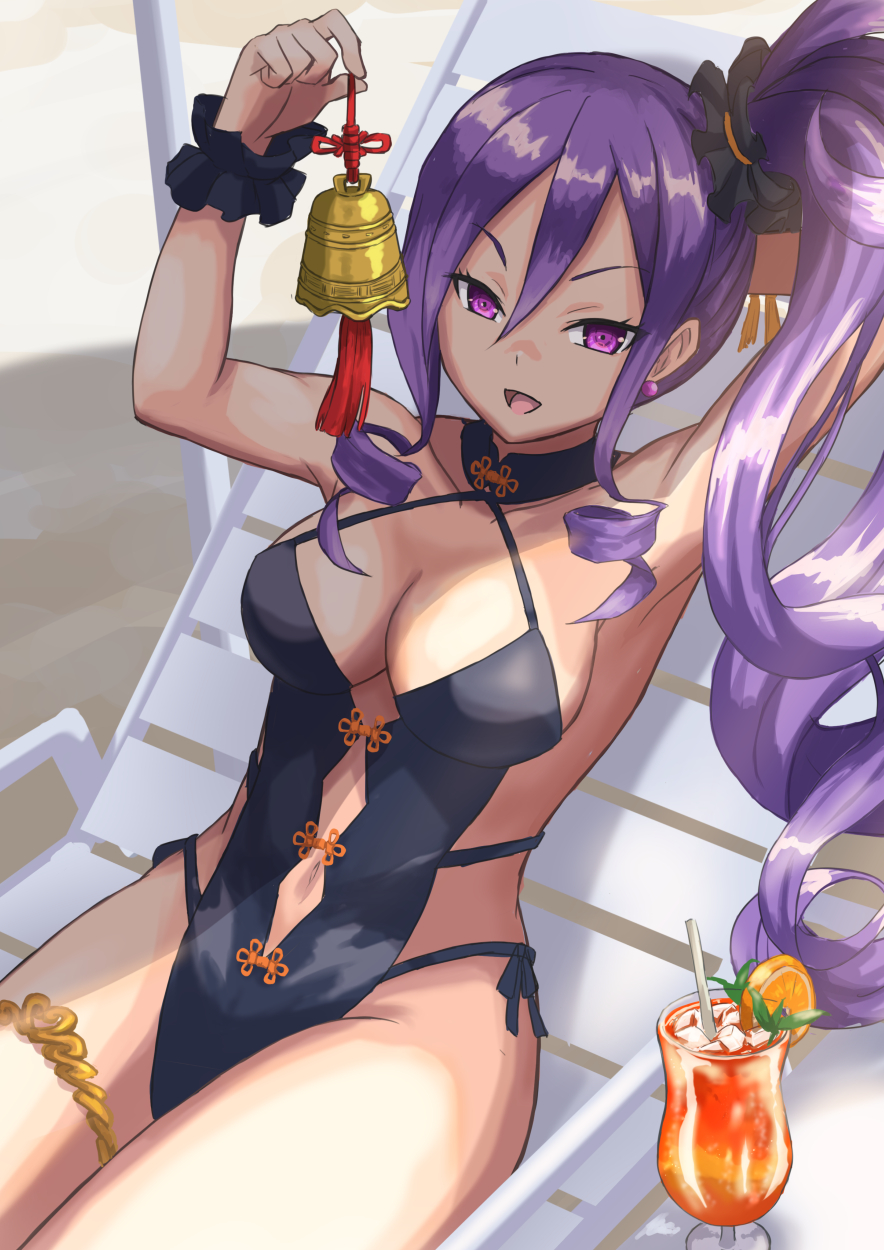 1girl :d beach_chair bell black_one-piece_swimsuit breasts cleavage cup drinking_straw fate/grand_order fate_(series) food fruit hair_between_eyes highres holding holding_bell ksfactory long_hair looking_at_viewer medium_breasts one-piece_swimsuit orange_(fruit) orange_slice purple_eyes purple_hair scrunchie side_ponytail sitting smile solo swimsuit thighs very_long_hair wrist_scrunchie wu_zetian_(fate) wu_zetian_(swimsuit_caster)_(fate) wu_zetian_(swimsuit_caster)_(first_ascension)_(fate)