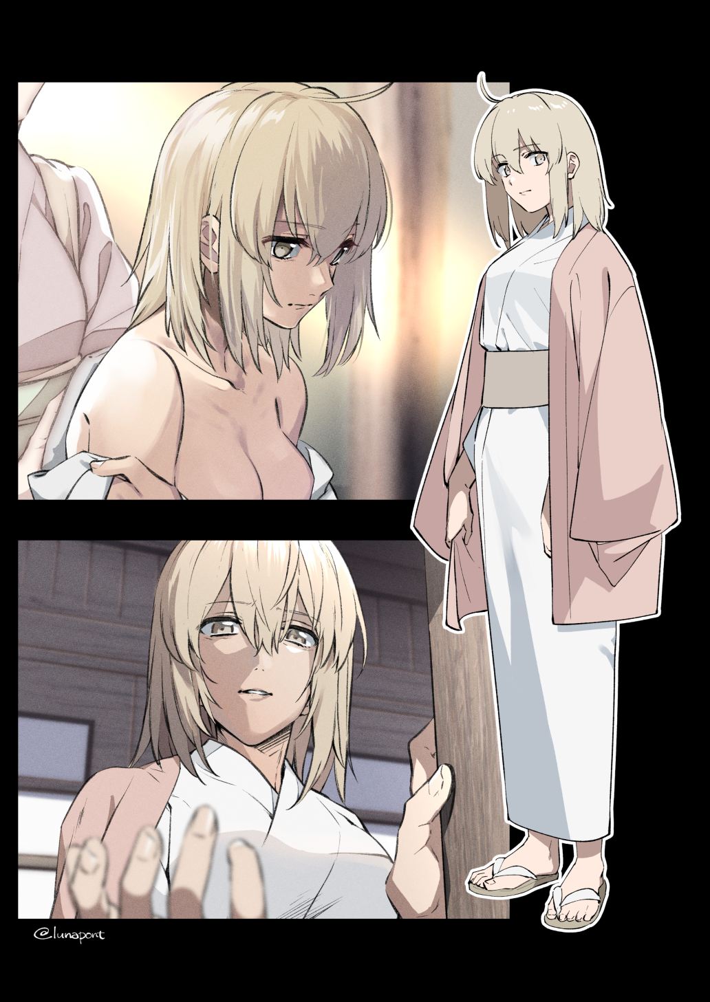 1girl ahoge architecture black_border blonde_hair border breasts cleavage commentary_request east_asian_architecture fate/grand_order fate_(series) flip-flops haori highres japanese_clothes kimono lunapont obi okita_souji_(fate) okita_souji_(koha-ace) partially_undressed sandals sash sick twitter_username wooden_wall