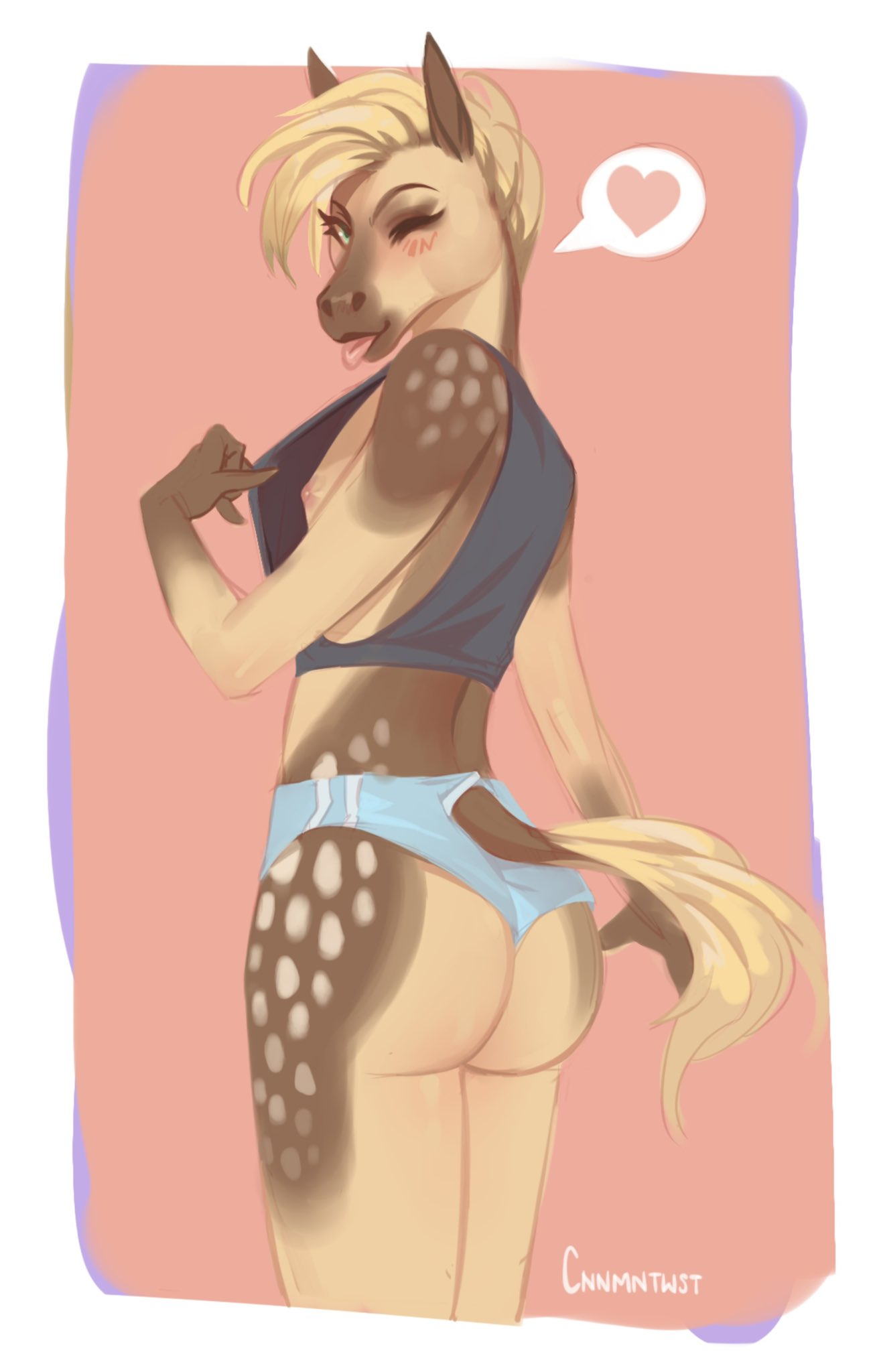 &lt;3 anthro bedroom_eyes big_butt blonde_hair blonde_mane blue_bottomwear blue_clothing blue_eyes blue_shorts blush blush_lines bottomwear breasts butt clothing cnnmntwst crop_top dark_ears dark_hands ears_up equid equine eyelashes female fur hair hi_res horse hotpants long_mane looking_at_viewer mammal mane markings narrowed_eyes nipple_slip nipples one_eye_closed presenting seductive shirt shorts side_boob side_nipple side_view simple_background slim solo speech_bubble spots spotted_body spotted_fur spotted_legs spotted_markings tail_through_underwear thick_thighs thin_eyebrows tongue tongue_out topwear unknown_character wink winking_at_viewer