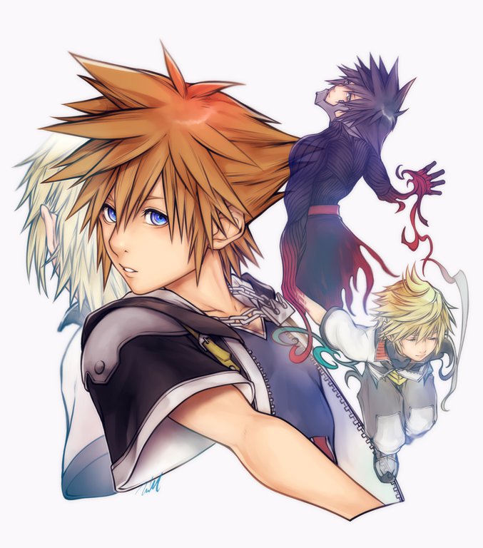 4boys black_bodysuit black_hair black_shirt blonde_hair blue_eyes bodysuit brown_hair chain_necklace closed_eyes dual_persona grey_pants hair_between_eyes jewelry kingdom_hearts kingdom_hearts_birth_by_sleep kingdom_hearts_ii looking_at_viewer looking_back male_focus mask mim_(mimya0600) multiple_boys necklace pants parted_lips roxas shirt short_hair short_sleeves sora_(kingdom_hearts) spiked_hair upper_body vanitas ventus_(kingdom_hearts) waist_cape white_background yellow_eyes