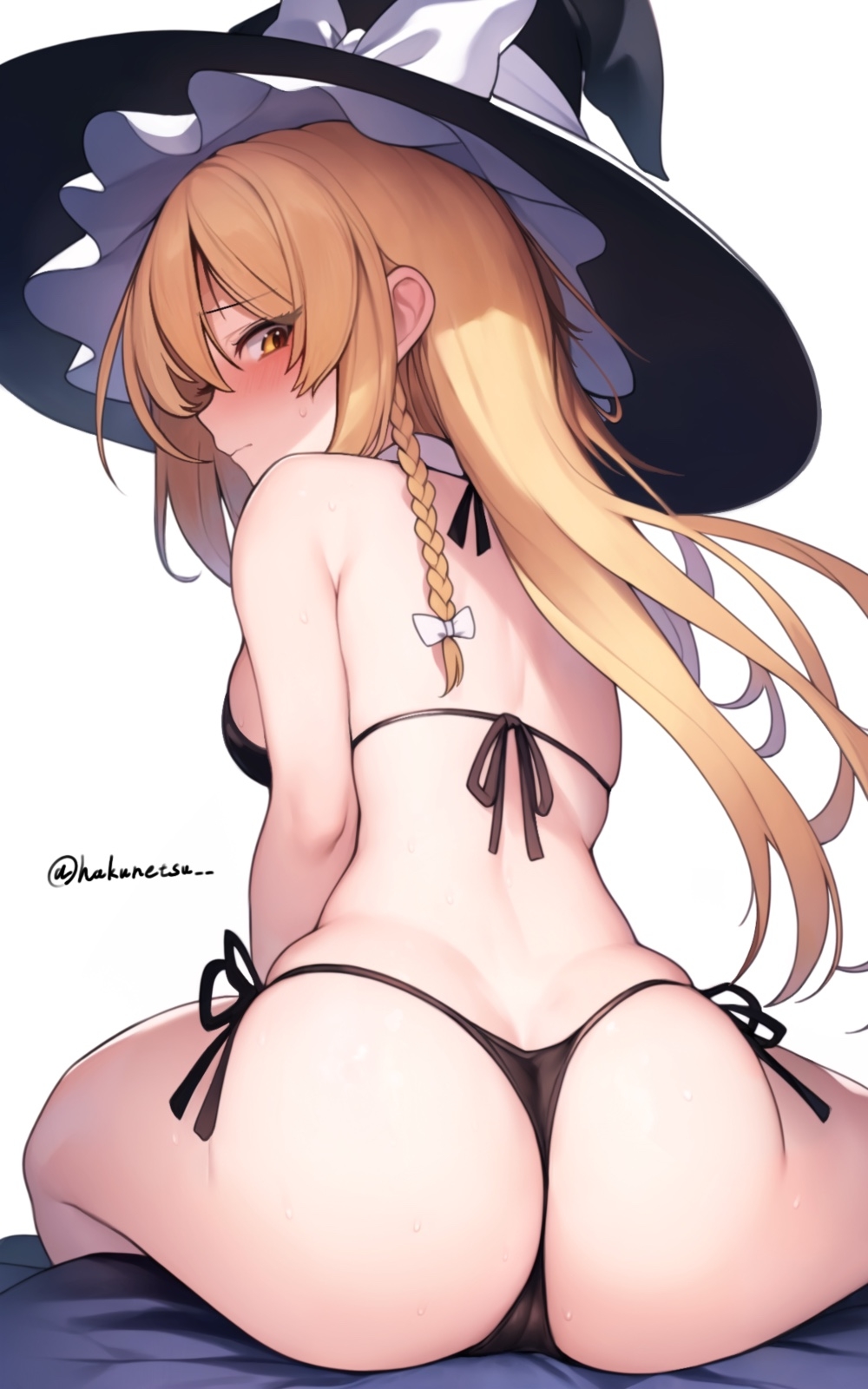 1girl ass ass_focus back bare_arms bare_shoulders bikini black_bikini blonde_hair blush bow braid breasts closed_mouth commentary_request embarrassed from_behind hakunetsu_denkyu~ halterneck hat hat_bow highres kirisame_marisa leaning_forward long_hair looking_at_viewer medium_breasts side-tie_bikini_bottom side_braid single_braid sitting skindentation solo string_bikini sweatdrop swimsuit touhou twitter_username white_bow witch_hat yellow_eyes