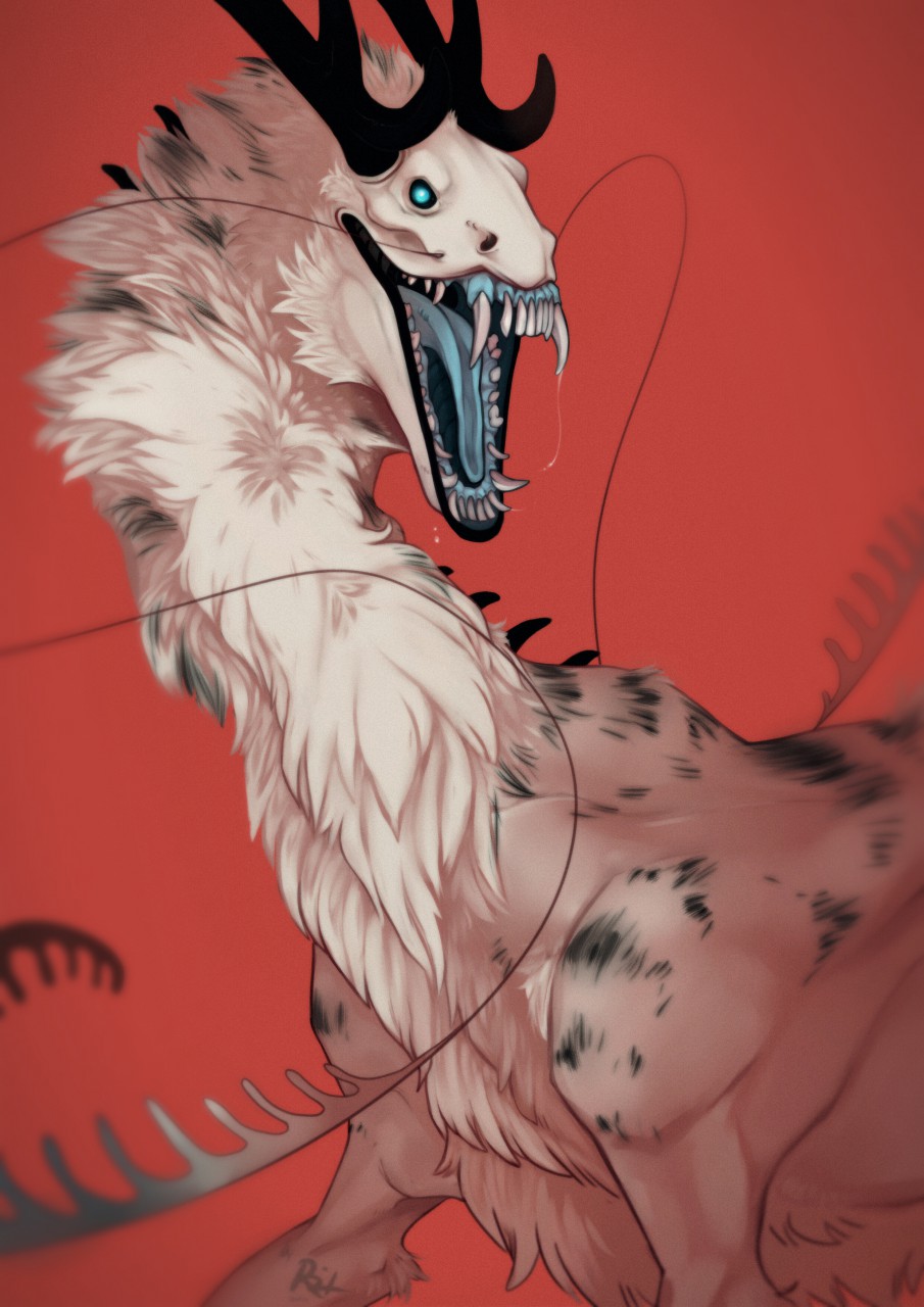 ambiguous_gender big_fangs black_and_white black_lips black_sclera blue_eyes blue_tongue cheek_tuft facial_tuft feral fur hi_res lips long_neck monochrome neck_spikes neck_tuft no_pupils open_mouth red_background riorix signature simple_background solo species_request tongue tuft white_body white_fur