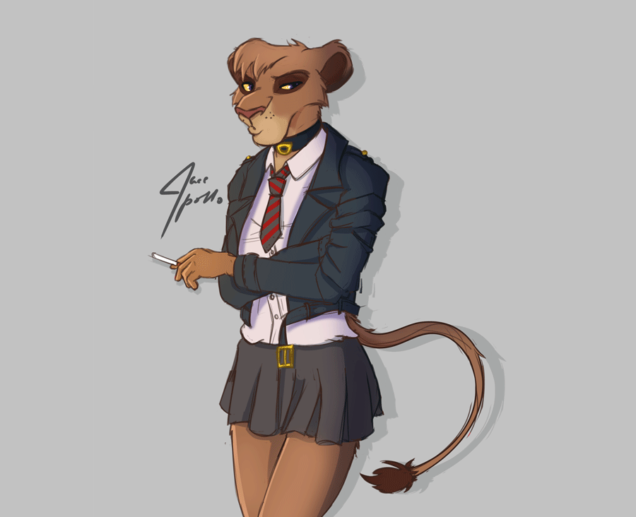 cigarette clothing collar crossed_arms disney felid female jace_apollo leather leather_clothing leather_topwear lion mammal pantherine school_uniform solo the_lion_king topwear uniform vitani