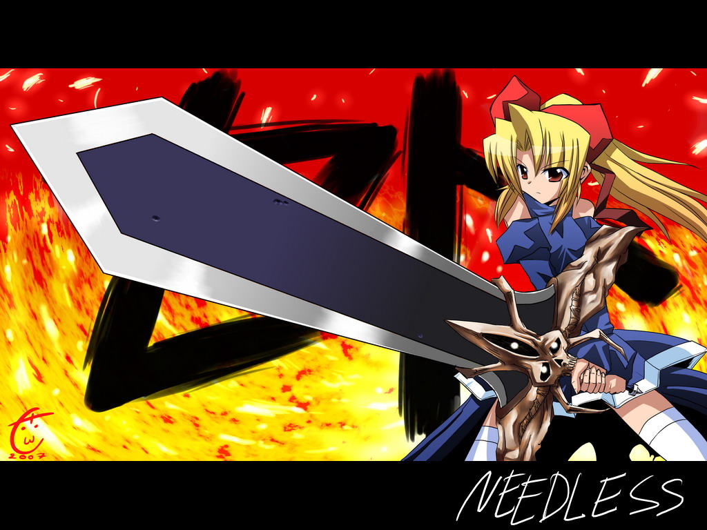 blonde_hair needless seto_(needless) sword weapon