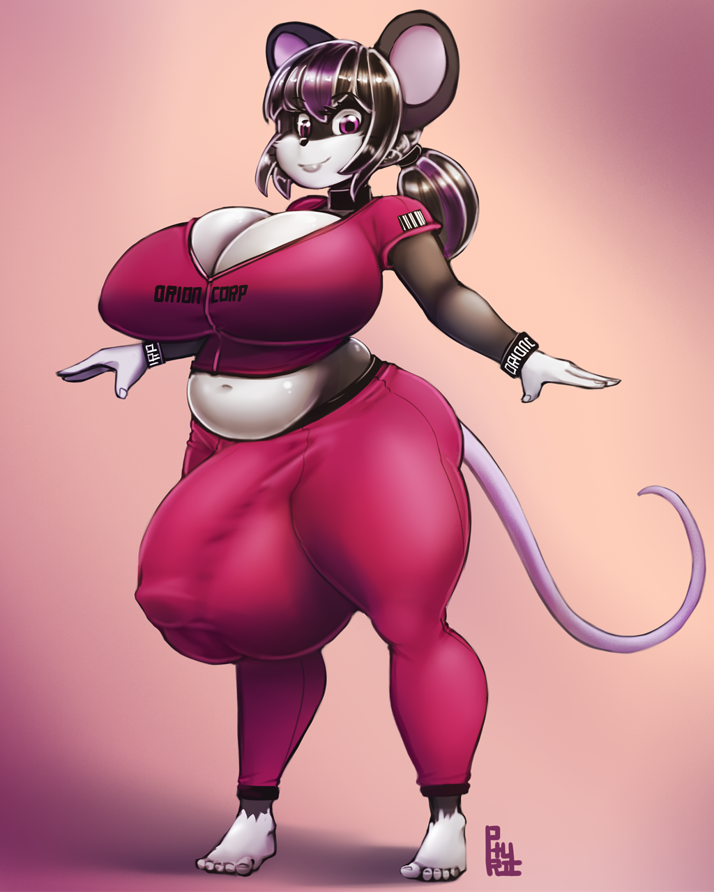 anthro big_breasts breasts bulge cleavage clothed clothing curvaceous dickgirl huge_bulge intersex looking_at_viewer mammal mouse penis_outline phurie rodent slightly_chubby solo standing