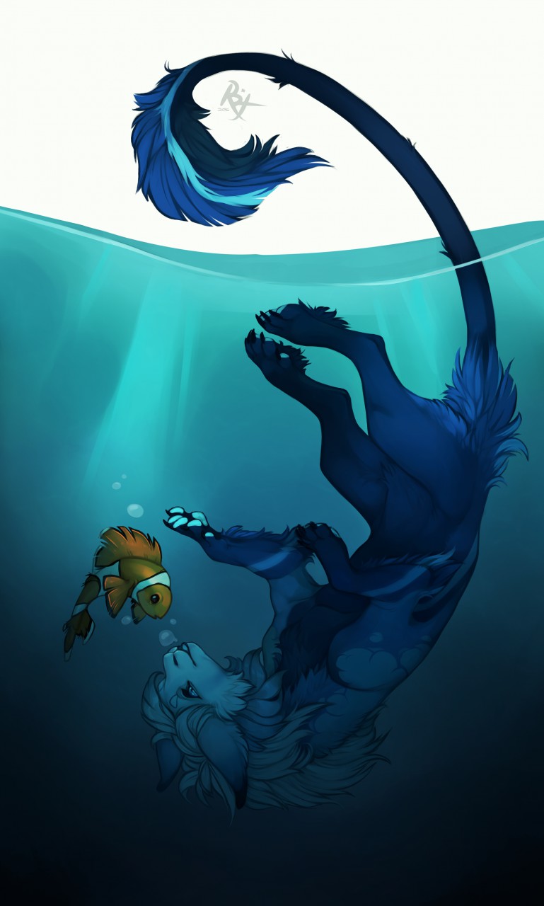 ambiguous_gender beady_eyes blue_body blue_fur blue_pawpads cheek_tuft duo facial_tuft feral fish fur hair hi_res marine orange_body pawpads restricted_palette riorix side_view signature simple_background species_request tail_tuft tuft underwater upside_down water waterline_view white_body