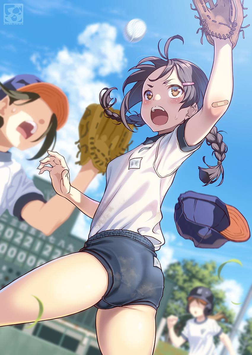 arm_up ball bandaid bandaid_on_arm baseball baseball_cap baseball_mitt baseball_stadium baseball_uniform blue_shorts blue_sky blurry braid brown_eyes cloud day depth_of_field dirty dirty_clothes facing_viewer gym_uniform hair_ornament hairclip hat highres open_mouth original outdoors pairan scenery school_uniform shirt short_sleeves shorts sky solo_focus sportswear sweat twin_braids upper_body white_shirt