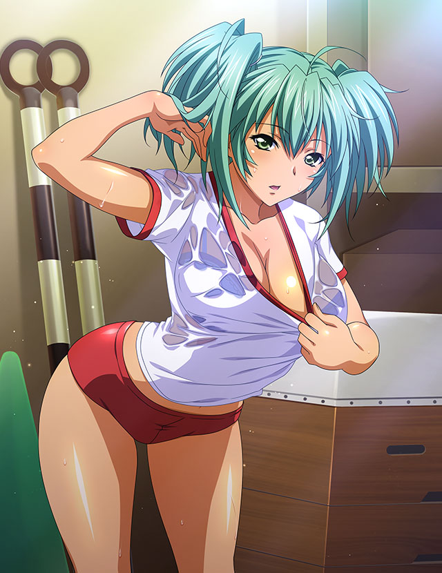 1girl ahoge aqua_hair bangs bare_arms bare_legs breasts buruma cleavage collarbone green_eyes gym_uniform hair_between_eyes ikkitousen indoors large_breasts leaning_forward long_hair open_mouth red_buruma ryofu_housen shiny shiny_hair shiny_skin shirt short_sleeves solo sweatdrop twintails white_shirt