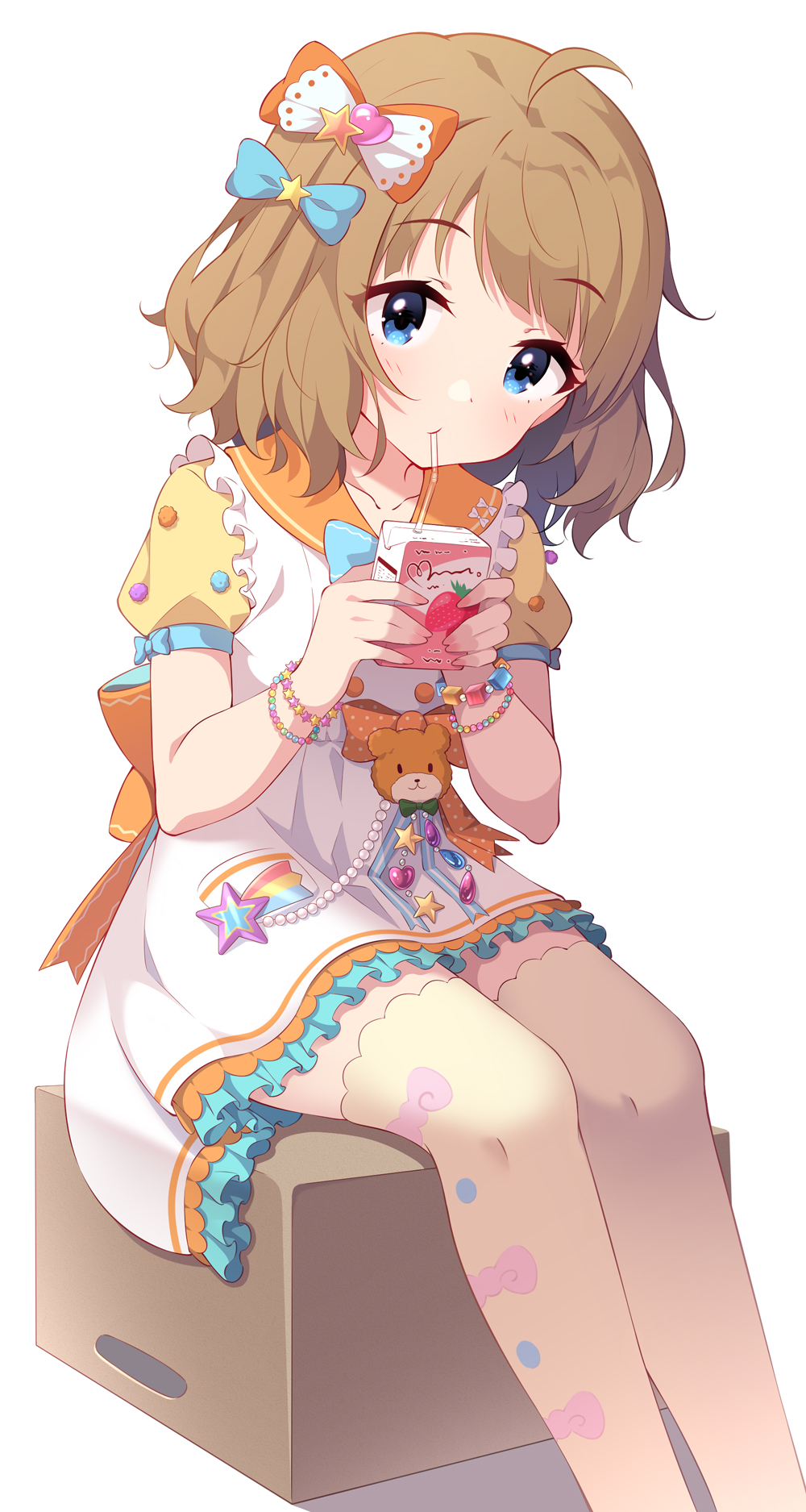 1girl ahoge bangs bendy_straw blue_bow blue_eyes blush bow box bracelet brown_hair brown_thighhighs cardboard_box closed_mouth collarbone commentary_request dress drinking drinking_straw feet_out_of_frame frilled_dress frills hair_bow hair_ornament highres holding idolmaster idolmaster_million_live! jewelry kagami_(galgamesion) looking_at_viewer on_box orange_bow orange_sailor_collar puffy_short_sleeves puffy_sleeves revision sailor_collar sailor_dress short_sleeves sitting solo star_(symbol) star_hair_ornament suou_momoko thighhighs white_dress