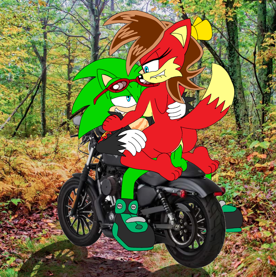 anthro archie_comics balls bite biting_lip breasts canid canine duo eulipotyphlan female fiona_fox forest forest_sex fox genitals hedgehog male male/female mammal motorcycle penis plant pussy scourge_the_hedgehog sega side_boob smile smirk sonic_the_hedgehog_(archie) sonic_the_hedgehog_(comics) sonic_the_hedgehog_(series) tree vehicle