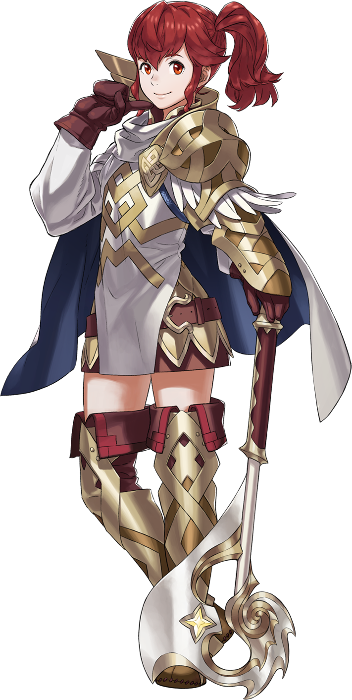 1girl anna_(fire_emblem) armor axe fire_emblem fire_emblem_heroes gloves highres holding holding_axe holding_weapon kozaki_yuusuke looking_at_viewer official_art red_eyes red_hair side_ponytail tachi-e transparent_background weapon