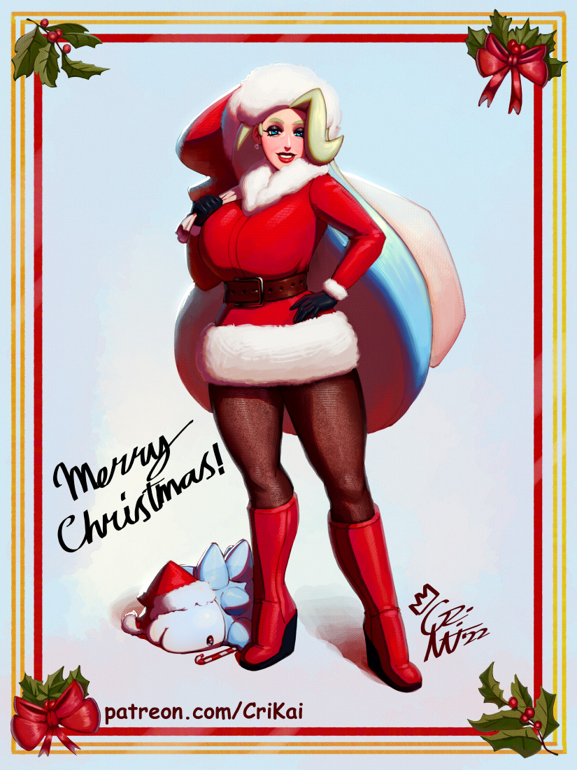 1girl 1other belt black_gloves blonde_hair blue_eyes boots breasts brown_belt brown_pantyhose candy candy_cane christmas christmas_card comic_sans commentary crimson_kaiserin curvy dress english_commentary eyeliner eyeshadow food full_body fur_trim gloves hair_over_one_eye hand_on_hip hat holding holding_sack huge_breasts knee_boots lips long_hair long_legs makeup mature_female melony_(pokemon) merry_christmas pantyhose patreon_username pinup_(style) platform_boots platform_footwear pokemon pokemon_(creature) pokemon_(game) pokemon_swsh red_dress red_footwear sack santa_hat signature snom solo_focus standing thick_thighs thighs watermark web_address