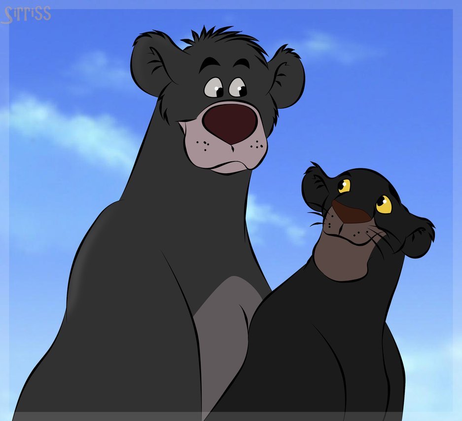 bagheera_(jungle_book) baloo bear black_body black_eyebrows black_eyes black_fur blue_sky brown_nose cloud cloudscape cloudy duo eye_contact eyebrows felid feral freckles fur grey_body grey_fur happy interspecies looking_at_another looking_at_partner looking_back looking_down looking_up love male male/male mammal nude pantherine pupils red_nose signature simple_background sirriss sitting sky sloth_bear smile the_jungle_book thick_eyebrows ursine whiskers white_pupils yellow_sclera