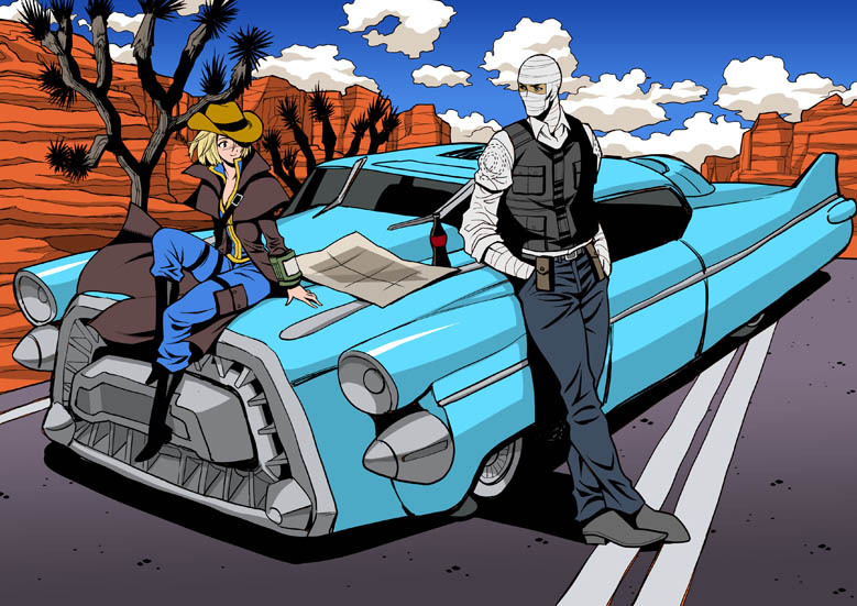 1boy 1girl bandaged_hand bandaged_head bandages bangs belt belt_pouch black_vest blonde_hair blue_sky breasts car cloud coat collared_shirt courier_(fallout_new_vegas) cowboy_hat desert fallout_(series) fallout_new_vegas ground_vehicle hands_in_pockets hat joshua_graham leaning_on_object map motor_vehicle nuka_cola open_clothes open_coat pip_boy police police_uniform pouch scar scar_on_face shirt sitting sky uniform vault_suit vest yukiyanagi