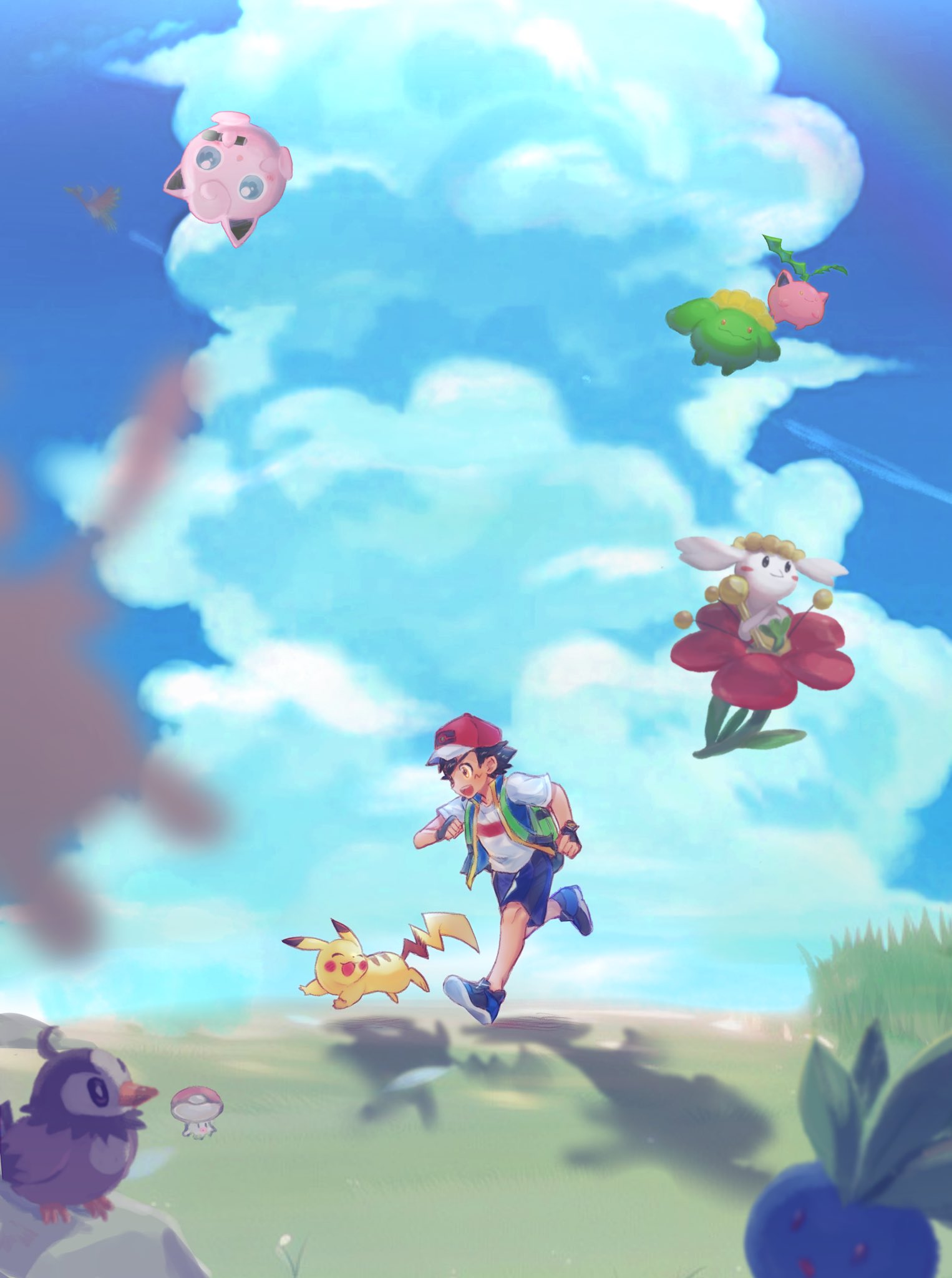 1boy :d abe_(kumayu) ash_ketchum backpack bag baseball_cap cloud commentary_request day fingerless_gloves flabebe flabebe_(red) foongus gloves grass hat highres ho-oh hoppip jacket jigglypuff male_focus open_clothes open_jacket open_mouth outdoors pikachu pokemon pokemon_(anime) pokemon_(creature) pokemon_journeys red_headwear running shirt shoes short_sleeves shorts skiploom sky sleeveless sleeveless_jacket smile standing starly t-shirt white_shirt