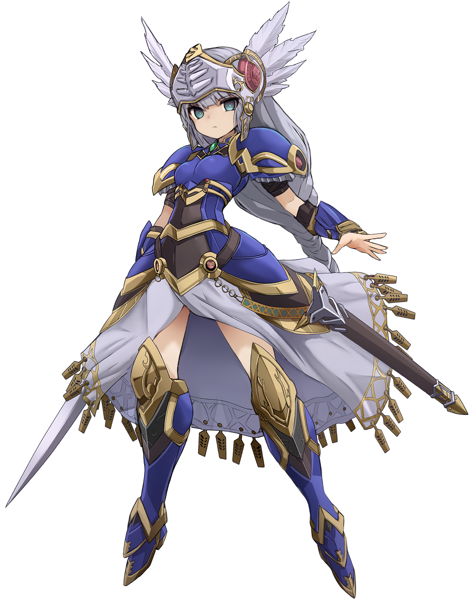1girl armor armored_boots blue_eyes blue_footwear boots breastplate breasts closed_mouth commentary_request feathers fringe_trim grey_hair highres karukan_(monjya) knee_boots long_hair looking_at_viewer medium_breasts pauldrons sheath shoulder_armor simple_background solo sword unsheathed valkyrie_profile very_long_hair weapon white_background white_feathers