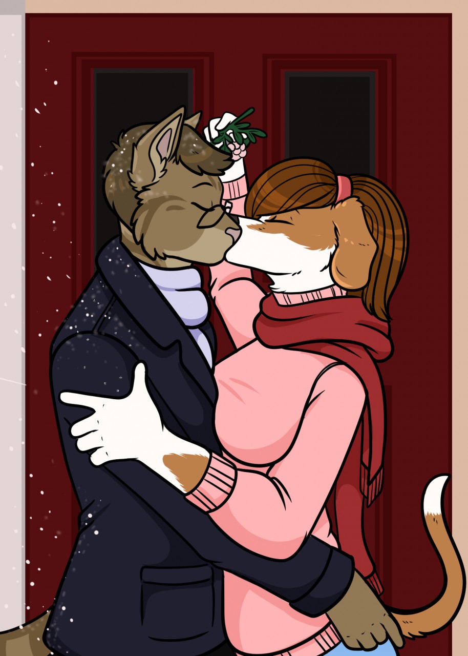 2019 5_fingers anthro beagle black_nose breasts brown_body brown_fur brown_hair canid canine canis christmas clothed clothing coat dan_lansdowne digital_media_(artwork) domestic_cat domestic_dog duo eyes_closed eyewear felid feline felis female fingers floppy_ears fur glasses hair hi_res holidays humanoid_hands hunting_dog kissing krista_van_hoorn male male/female mammal mistletoe multicolored_body multicolored_fur plant rhari romantic romantic_couple scarf scent_hound story story_in_description striped_body striped_fur stripes sweater tabby_cat topwear two_tone_body two_tone_fur white_body white_fur