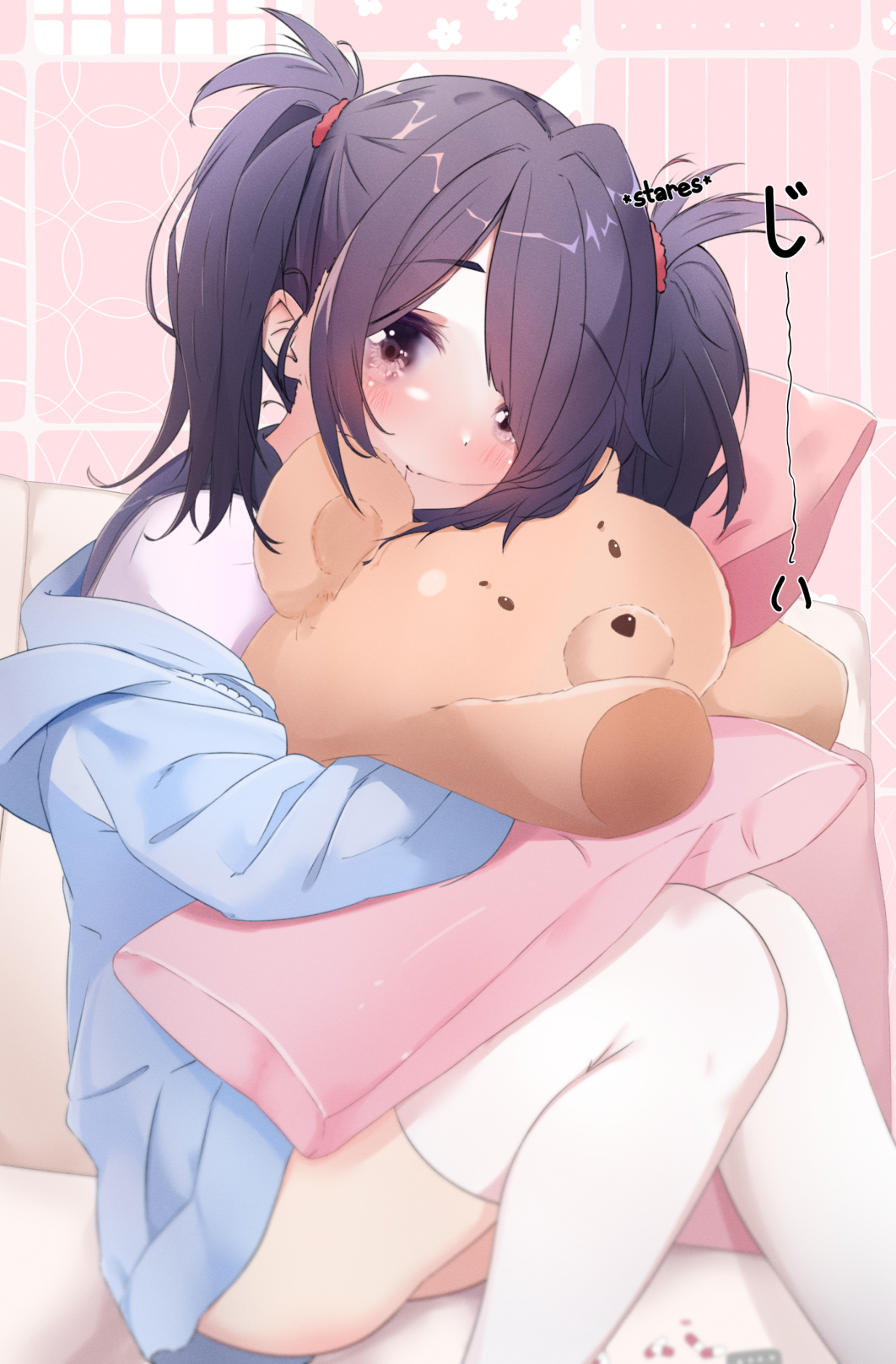 1girl ame-chan_(needy_girl_overdose) black_hair blue_jacket blush grey_eyes hair_in_mouth hair_over_one_eye hair_tie highres jacket looking_at_viewer medium_hair needy_girl_overdose object_hug off_shoulder pan_(pixiv41343614) pillow pink_background sitting smile solo stuffed_animal stuffed_toy teddy_bear thighhighs twintails two-tone_background white_thighhighs