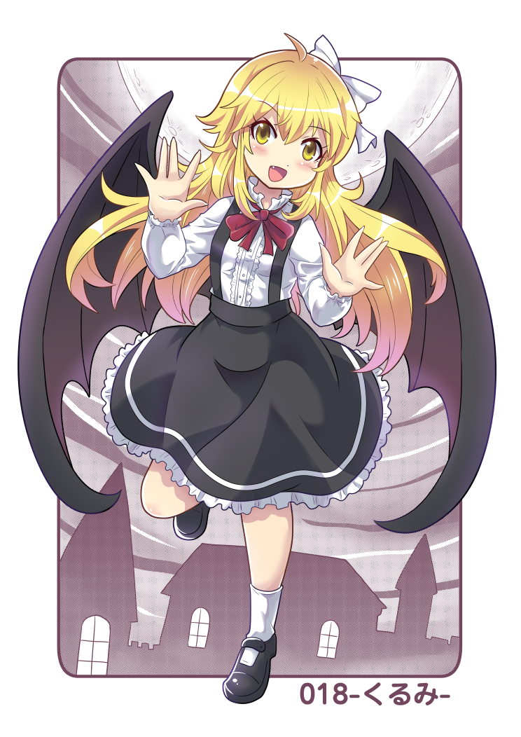 1girl bat_wings black_skirt blonde_hair bow colonel_aki commentary_request fang full_moon hair_bow hands_up kurumi_(touhou) long_hair looking_at_viewer moon open_mouth shirt skirt smile solo touhou translation_request white_shirt window wings yellow_eyes