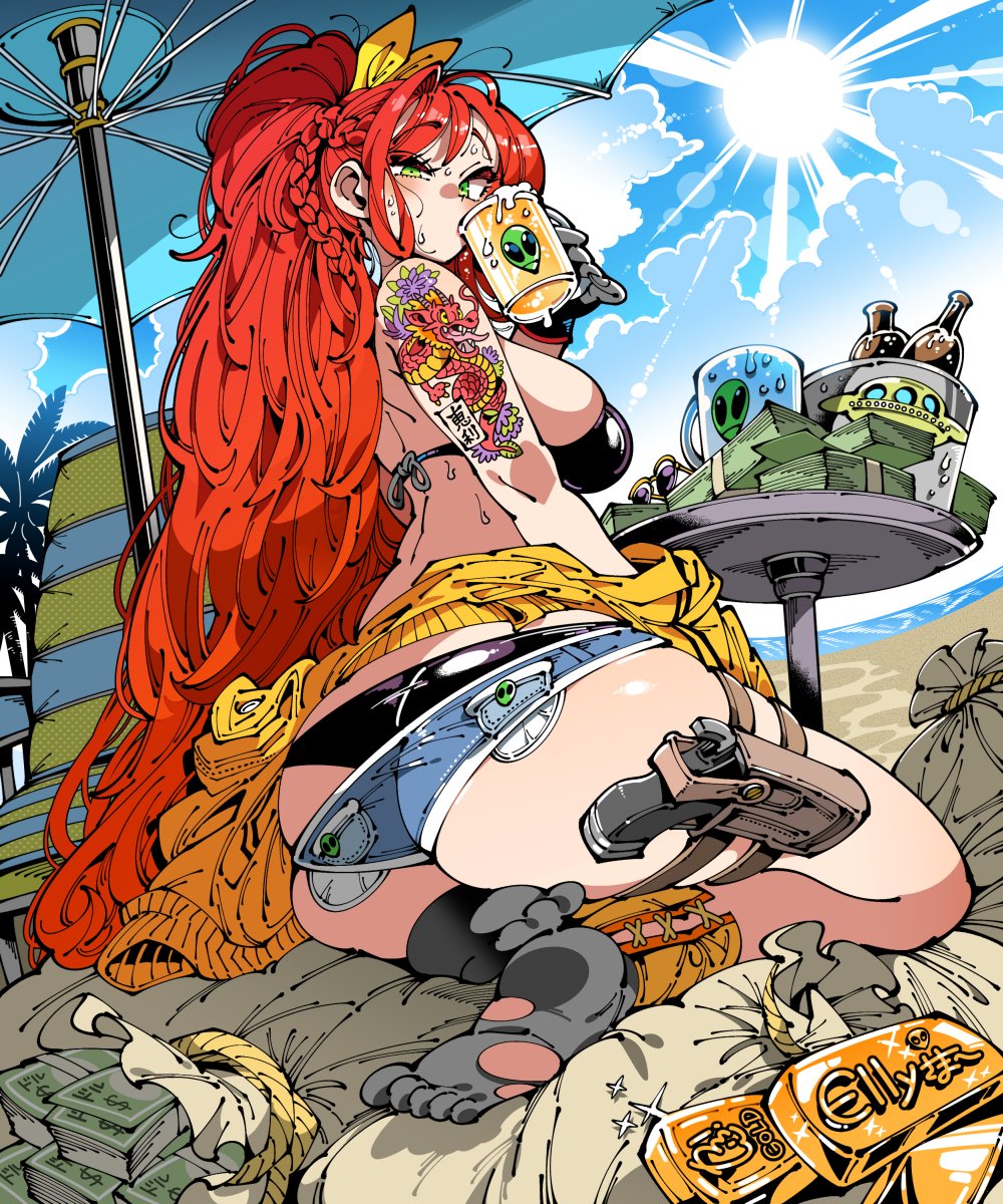 1girl alcohol arm_tattoo beach beach_chair beer beer_bottle beer_mug bikini black_bikini bow braid cloud cup dollar_bill dragon_tattoo drinking elly_(vtuber) english_commentary gold_bar green_eyes gun hair_bow highres indie_virtual_youtuber jacket kafun long_hair looking_at_viewer moneybag mug palm_tree ponytail red_hair short_shorts shorts side_braid sky sweat swimsuit tattoo thigh_strap torn_footwear tree virtual_youtuber weapon yellow_bow yellow_jacket