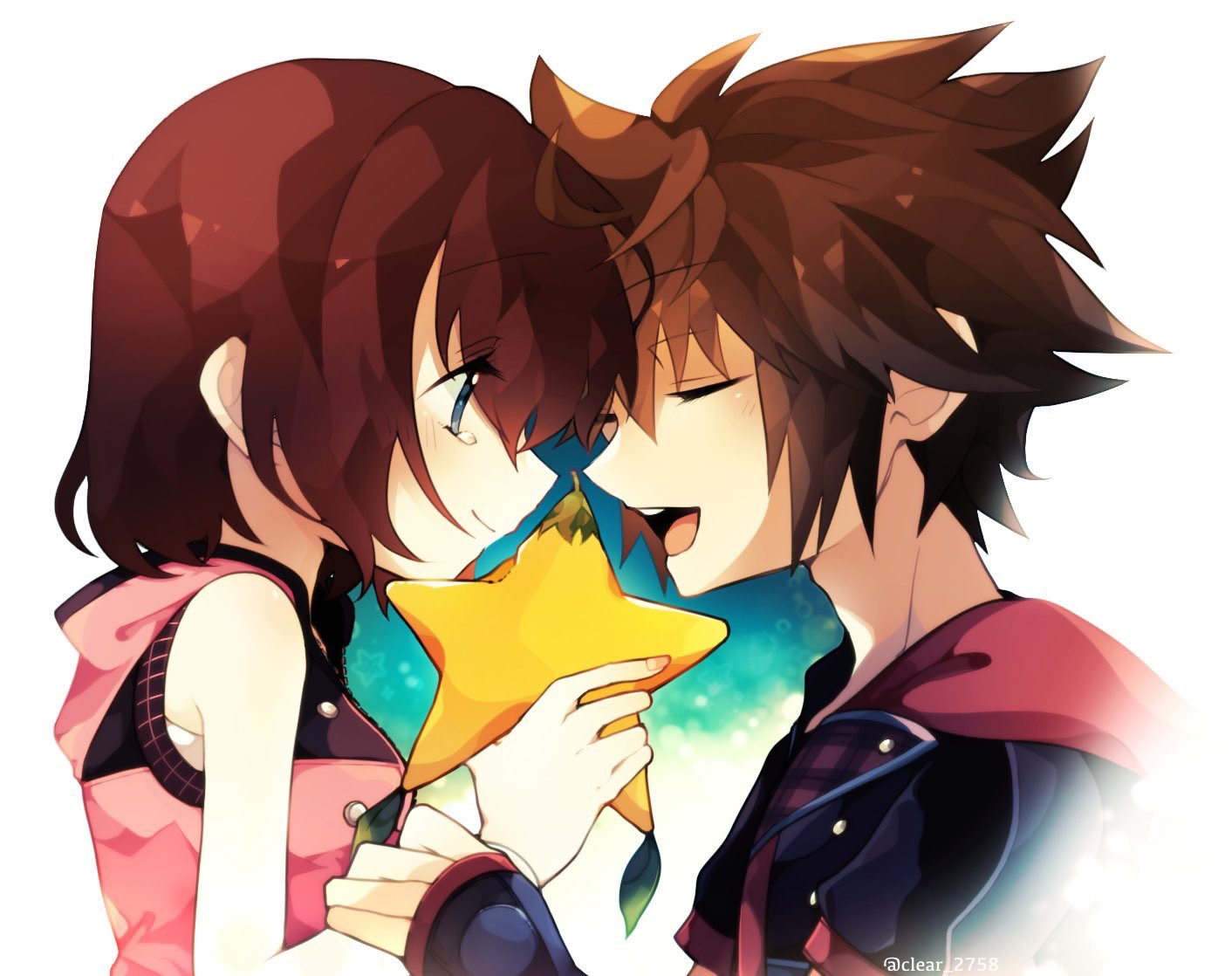 1boy 1girl bare_shoulders brown_hair clear_2758 closed_eyes dress food fruit hair_between_eyes happy_tears holding holding_another's_wrist holding_food holding_fruit hood hood_down hooded_dress kairi_(kingdom_hearts) kingdom_hearts kingdom_hearts_iii open_mouth paopu_fruit pink_dress red_hair short_hair smile sora_(kingdom_hearts) spiked_hair tears upper_body