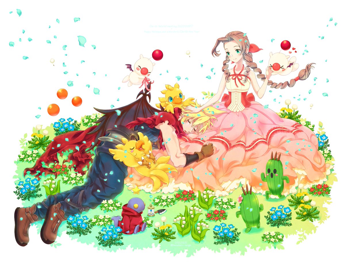 1boy 1girl 39cva aerith_gainsborough bangs bare_arms bare_shoulders black_wings blonde_hair blue_flower blue_pants blue_shirt boots braid braided_ponytail breasts brown_footwear brown_hair chocobo cloak closed_eyes cloud_strife curly_hair demon_wings dress falling_petals flower full_body green_eyes hair_between_eyes hair_ribbon halter_dress halterneck hand_in_another's_hair kingdom_hearts kingdom_hearts_ii lap_pillow light_blush long_dress long_hair lying medium_breasts moogle multicolored_clothes multicolored_dress nature official_alternate_costume on_side outdoors pants parted_bangs parted_lips petals pink_dress red_cloak red_dress red_ribbon ribbon sabotender shirt short_hair sidelocks single_wing sleeveless sleeveless_dress sleeveless_turtleneck smile tonberry toned toned_male torn_clothes turtleneck white_background white_dress white_flower wings