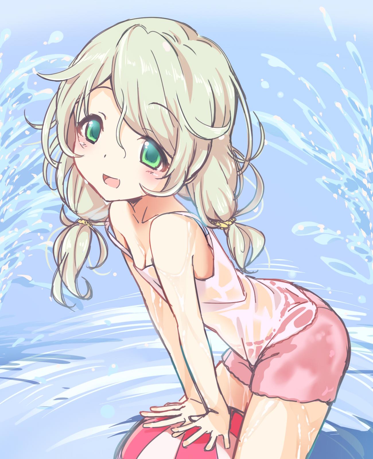 1girl arm_support ass ball bangs beachball blonde_hair blue_background blush collarbone commentary_request cowboy_shot female_child flat_chest green_eyes hair_flaps haruichi_(komikal) highres idolmaster idolmaster_cinderella_girls looking_at_viewer low_twintails medium_hair messy_hair no_bra open_mouth pink_shirt pink_shorts see-through shirt shorts smile solo splashing strap_slip tank_top thighs twintails water water_drop wet wet_clothes wet_hair wet_shirt wet_shorts yusa_kozue
