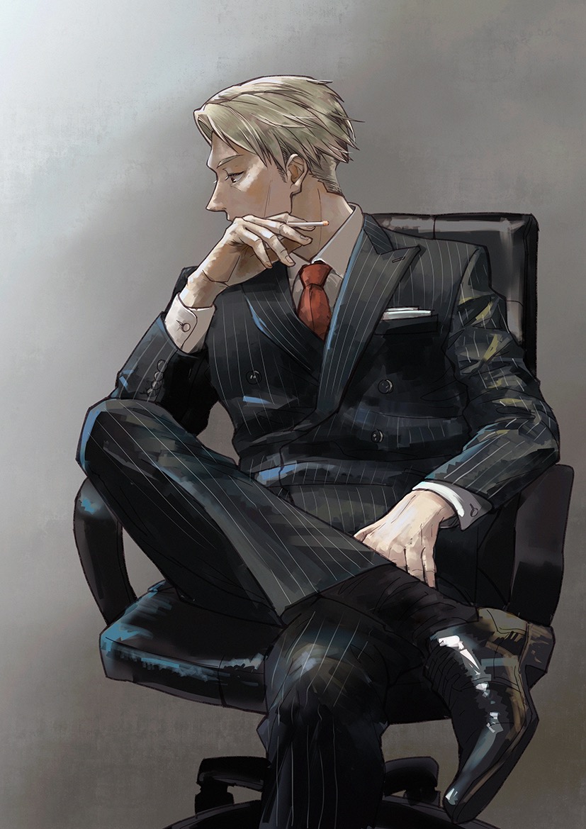 1boy black_footwear black_socks brown_eyes chair cigarette collared_shirt foot_out_of_frame formal grey_background handkerchief holding holding_cigarette jujutsu_kaisen long_sleeves male_focus maoyaoyao519 nanami_kento necktie office_chair pinstripe_pattern pinstripe_suit red_necktie shirt sitting socks solo striped suit undercut white_shirt