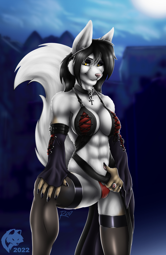 2022 5_fingers abs ankh ankh_choker anthro armwear athletic athletic_anthro athletic_female black_hair blurred_background breasts camel_toe canid canine canis choker claws cleavage clothed clothing clothing_aside daphne_dress digit_ring digital_media_(artwork) dress dress_aside female finger_claws finger_ring fingers fur ghostwolf goth hair humanoid_hands jackal jewelry legwear light looking_at_viewer mammal meme meme_clothing moonlight navel necklace night pink_nose shaded shakattax shemaya_ure signature smile solo stockings thigh_highs thong underwear white_body white_fur