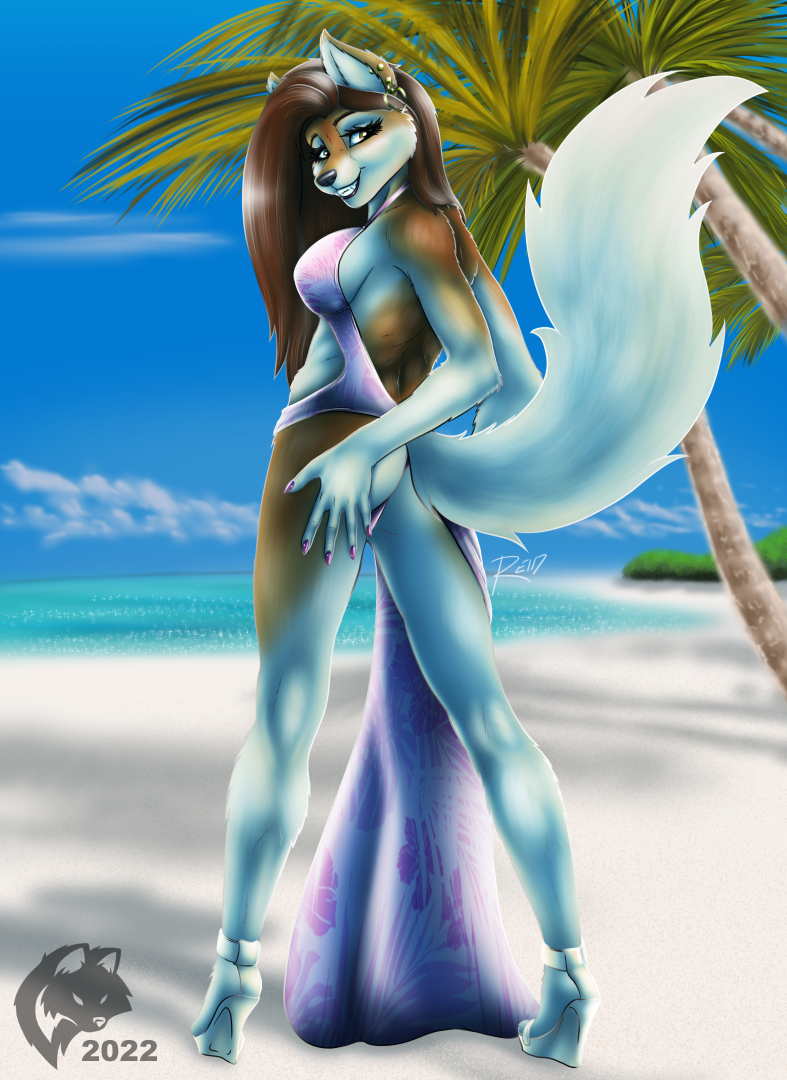 2022 5_fingers anthro beach black_nose breasts brown_body brown_fur brown_hair butt butt_pose canid canine canis clothed clothing daphne_dress day digital_media_(artwork) domestic_dog dress ear_piercing evelyn_lindholm female fingernails fingers footwear fur ghostwolf hair herding_dog high_heels humanoid_hands looking_at_viewer looking_back looking_back_at_viewer mammal meme meme_clothing multicolored_body multicolored_fur nails outside palm_tree pastoral_dog piercing plant pose seaside shaded sheepdog shetland_sheepdog signature smile solo standing teeth tree two_tone_body two_tone_fur white_body white_fur