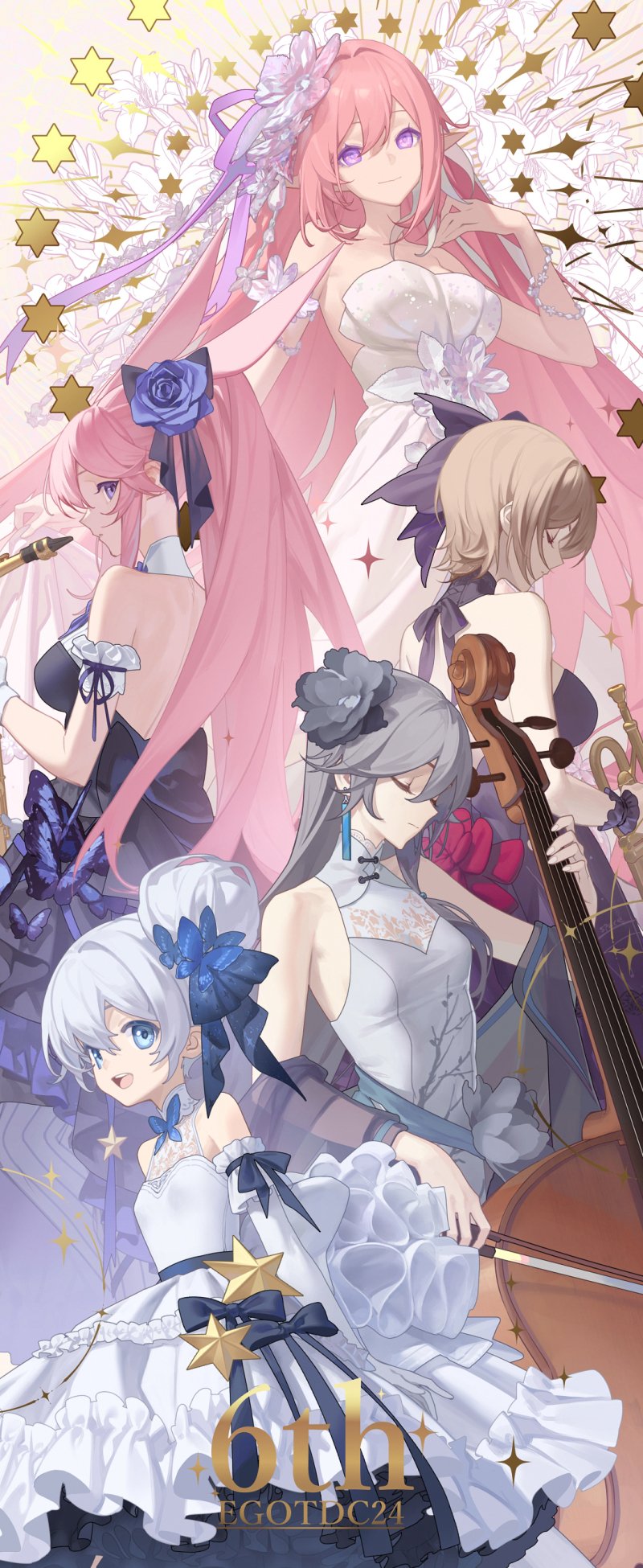 5girls :d artist_name backless_dress backless_outfit bangs bare_shoulders black_bow black_dress black_hair blue_dress bow breasts brown_hair cello closed_eyes closed_mouth copyright_name dress earrings elbow_gloves elf elysia_(herrscher_of_human:ego)_(honkai_impact) elysia_(honkai_impact) flower formal fu_hua gloves grey_dress grey_flower hair_bow hair_bun hair_flower hair_ornament highres holding holding_instrument honkai_(series) honkai_impact_3rd instrument jewelry long_hair looking_at_viewer looking_back multiple_girls open_mouth pink_background pink_eyes pink_hair pointy_ears ponytail purple_eyes purple_flower purple_rose rita_rossweisse rose saxophone short_hair simple_background single_hair_bun sleeveless sleeveless_dress small_breasts smile sougishi_ego star_(symbol) strapless strapless_dress theresa_apocalypse trumpet white_dress white_flower white_gloves white_hair yae_sakura yae_sakura_(goushinnso_memento)