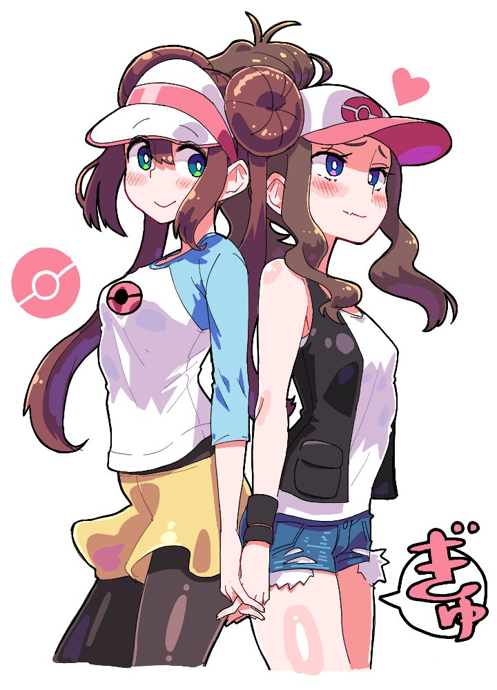 2girls arm_at_side back-to-back badluck2033 bangs bare_shoulders baseball_cap black_pantyhose black_vest blue_eyes blue_shorts blue_sleeves blush breasts bright_pupils brown_hair closed_mouth commentary_request cowboy_shot cropped_legs double_bun doughnut_hair_bun green_eyes hair_between_eyes hair_bun happy hat heart high_ponytail hilda_(pokemon) holding_hands interlocked_fingers long_hair long_sleeves looking_at_another looking_away looking_back looking_up multiple_girls open_clothes open_vest pantyhose pink_headwear pocket poke_ball_theme pokemon pokemon_(game) pokemon_bw pokemon_bw2 raglan_sleeves raised_eyebrows rosa_(pokemon) shiny shiny_clothes shiny_hair shiny_skin shirt short_shorts shorts shy sidelocks simple_background sleeveless sleeveless_shirt small_breasts smile speech_bubble split_mouth standing thighs translation_request twintails vest visor_cap wavy_mouth white_background white_pupils white_shirt wristband yellow_shorts yuri