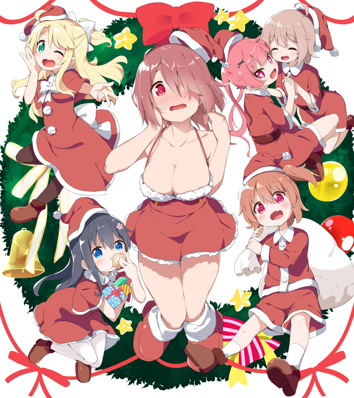 6+girls :d bangs bare_arms bare_shoulders black_hair black_pantyhose blonde_hair blue_eyes blush bow box breasts brown_footwear brown_hair christmas_wreath cleavage collarbone collared_shirt commentary_request dress dress_shirt eating fang food fur-trimmed_dress fur_trim gift gift_box green_eyes hair_between_eyes hair_over_one_eye hat highres himesaka_noa holding holding_food holding_hands holding_sack hoshino_hinata hoshino_miyako_(wataten) interlocked_fingers konomori_kanon large_breasts long_hair long_sleeves makuran multiple_girls nose_blush one_side_up pantyhose pink_hair purple_eyes red_bow red_dress red_eyes red_headwear red_shirt red_shorts sack santa_costume santa_hat shirosaki_hana shirt shoes short_shorts shorts siblings simple_background sisters sleeveless sleeveless_dress smile socks star_(symbol) tanemura_koyori twintails very_long_hair watashi_ni_tenshi_ga_maiorita! white_background white_pantyhose white_socks