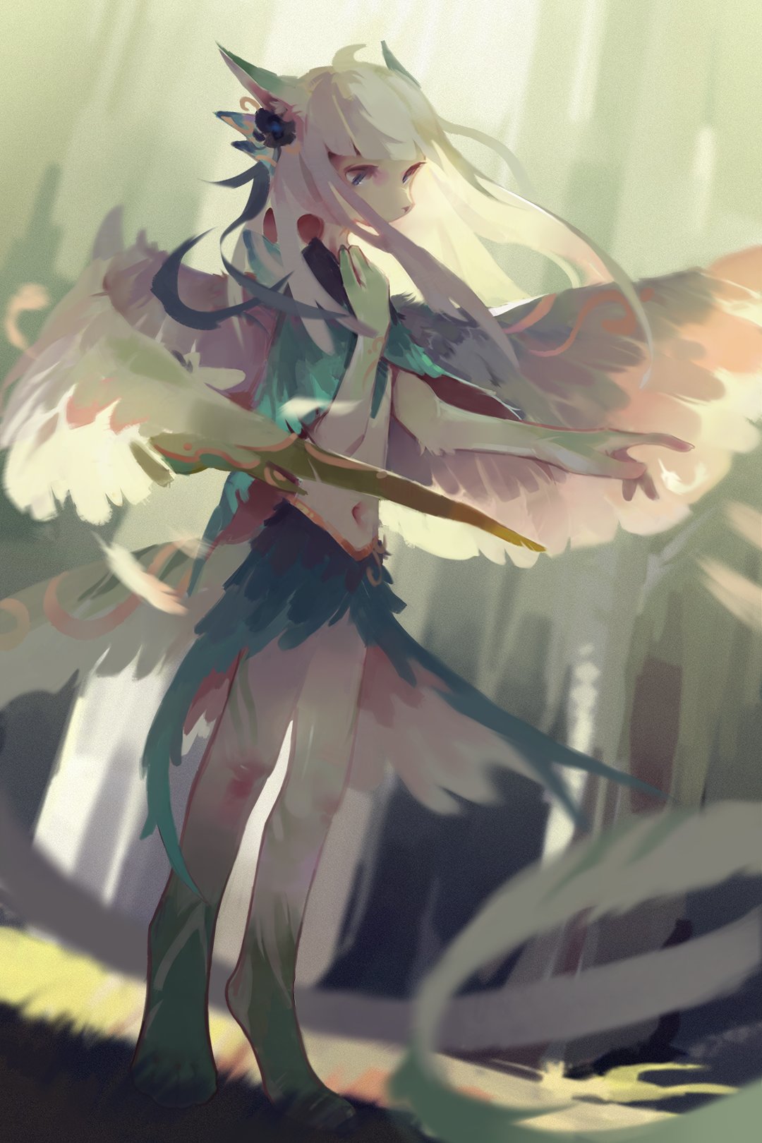 2:3 ambiguous_gender anthro blue_eyes carbonizedaki clothed clothing ears_back feathered_wings feathers full-length_portrait fur green_markings hair hi_res leg_markings long_hair markings navel outside pivoted_ears plant portrait socks_(marking) solo species_request standing three-quarter_view tree unsigned white_body white_feathers white_fur white_hair white_wings wings