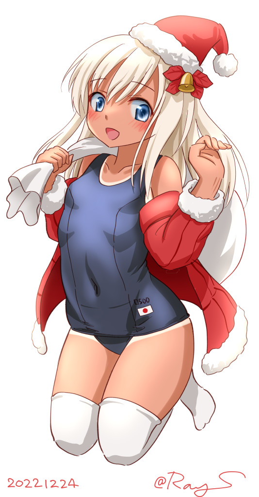 1girl adapted_costume blonde_hair blue_eyes blue_one-piece_swimsuit blush bracelet breasts dated flower hair_between_eyes hair_flower hair_ornament jacket jewelry jumping kantai_collection one-piece_swimsuit one-piece_tan ray.s ro-500_(kancolle) santa_costume school_swimsuit simple_background small_breasts smile solo swimsuit swimsuit_under_clothes tan tanlines thighhighs twitter_username white_background white_thighhighs