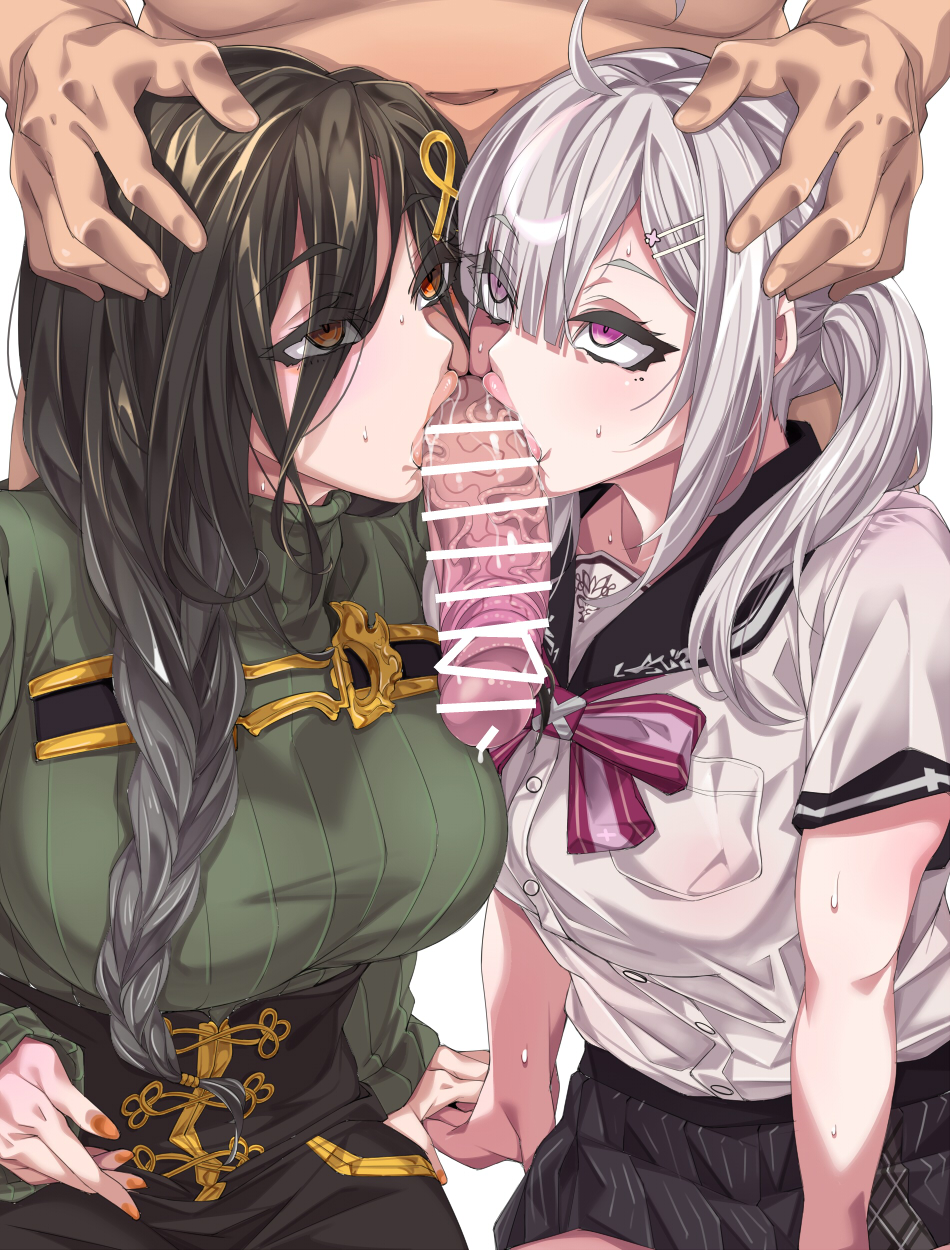 2girls ahoge bisexual_female black_hair black_skirt braid breasts censored cooperative_fellatio corset couple double_fellatio erection eye_contact eyes_visible_through_hair fellatio ffm_threesome french_kiss gradient_hair green_sweater grey_hair group_sex hair_ornament hair_over_one_eye hetero highres holding_hands kiss kissing_penis ko1444 large_breasts large_penis licking licking_penis long_hair long_skirt looking_at_another mole mole_under_eye multicolored_hair multiple_girls nijisanji oral orange_eyes penis penis_on_face purple_eyes ribbed_sweater saliva sharp_teeth shirayuki_tomoe single_braid skirt sukoya_kana sweater teamwork teeth threesome tongue tongue_out twintails veins veiny_penis virtual_youtuber x_hair_ornament