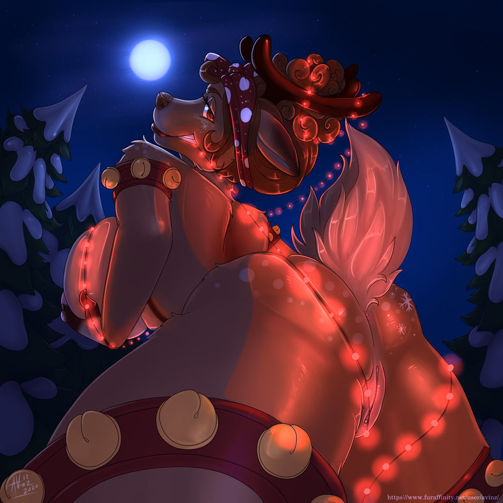 1:1 2020 anthro anus avinz bell bell_armlet big_breasts biped breasts brown_body brown_fur brown_hair capreoline christmas_lights deer female full_moon fur genitals hair holding_breast huge_breasts jingle_bell looking_at_viewer looking_back looking_back_at_viewer looking_down_at_viewer low-angle_view mammal moon mostly_nude night outside plant pussy reindeer signature snow solo text tree url winter_(avinz) year