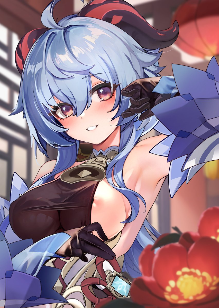 1girl ahoge areola_slip armpits bangs bare_shoulders bell black_gloves black_leotard blue_hair blurry blurry_background bow breasts cleavage clothes_pull commentary cowbell detached_sleeves dress flower ganyu_(genshin_impact) genshin_impact gloves hair_between_eyes highres horns indoors lantern leotard long_hair long_sleeves looking_at_viewer paid_reward_available paper_lantern pulled_by_self red_flower shirokitsune short_hair sideboob solo solo_focus upper_body very_long_hair vision_(genshin_impact)
