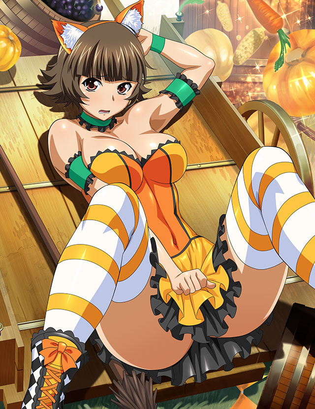 1girl alternate_costume animal_ear_fluff arm_strap armpits black_skirt breasts brown_eyes brown_hair choker chouhi_ekitoku cleavage collarbone covered_navel frilled_choker frills green_choker hairband halloween_costume ikkitousen large_breasts legs_up looking_at_viewer lying miniskirt on_back open_mouth orange_hairband pleated_skirt shiny shiny_hair short_hair skirt solo spread_legs strapless striped striped_thighhighs thighhighs wavy_mouth zettai_ryouiki