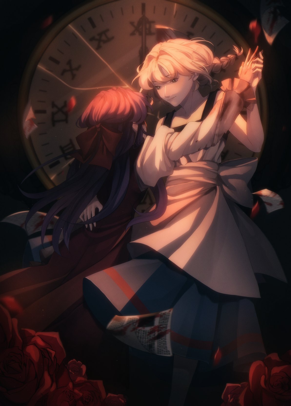 2girls apron bangs blonde_hair blood blood_on_clothes blood_on_face blood_on_hands blue_skirt bow braid clock closed_mouth commentary cracked_glass dancing dress ellen_(majo_no_ie) feet_out_of_frame flower hair_bow hair_intakes highres holding_hands juliet_sleeves koetari long_hair long_sleeves looking_at_another majo_no_ie multiple_girls paper puffy_sleeves purple_hair red_bow red_dress red_flower red_rose roman_numeral rose skirt smile twin_braids viola_(majo_no_ie) waist_apron white_apron