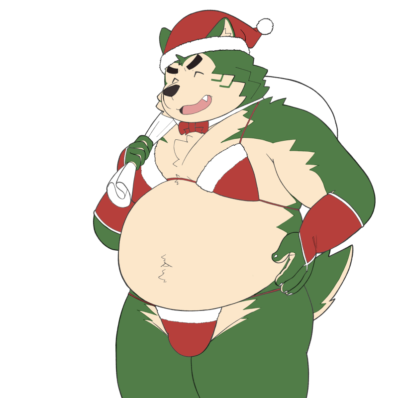 anthro belly bikini bulge canid canine canis christmas christmas_clothing christmas_headwear clothed clothing crossdressing domestic_dog eyebrows fur green_body green_fur hat headgear headwear holidays lifewonders live-a-hero male mammal mokdai navel overweight santa_hat smile solo swimwear thick_eyebrows yaki_atsuage