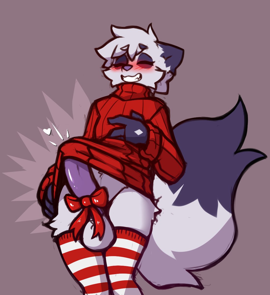 &lt;3 ambiguous_gender anthro arctic_fox balls blush bow_ribbon canid canine christmas clothed clothing clothing_lift dipstick_ears dipstick_tail dust_(mewgle) erection erection_under_clothing eyes_closed fluffy fluffy_tail fox genitals hi_res holidays legwear male mammal markings mewgle multicolored_ears narrowed_eyes pattern_clothing pattern_legwear pattern_thigh_highs penis purple_nose purple_penis red_clothing red_sweater red_topwear seductive shirt shirt_lift solo striped_clothing striped_legwear striped_thigh_highs stripes sweater tail_markings teasing tenting thigh_highs thigh_tuft topwear turtleneck