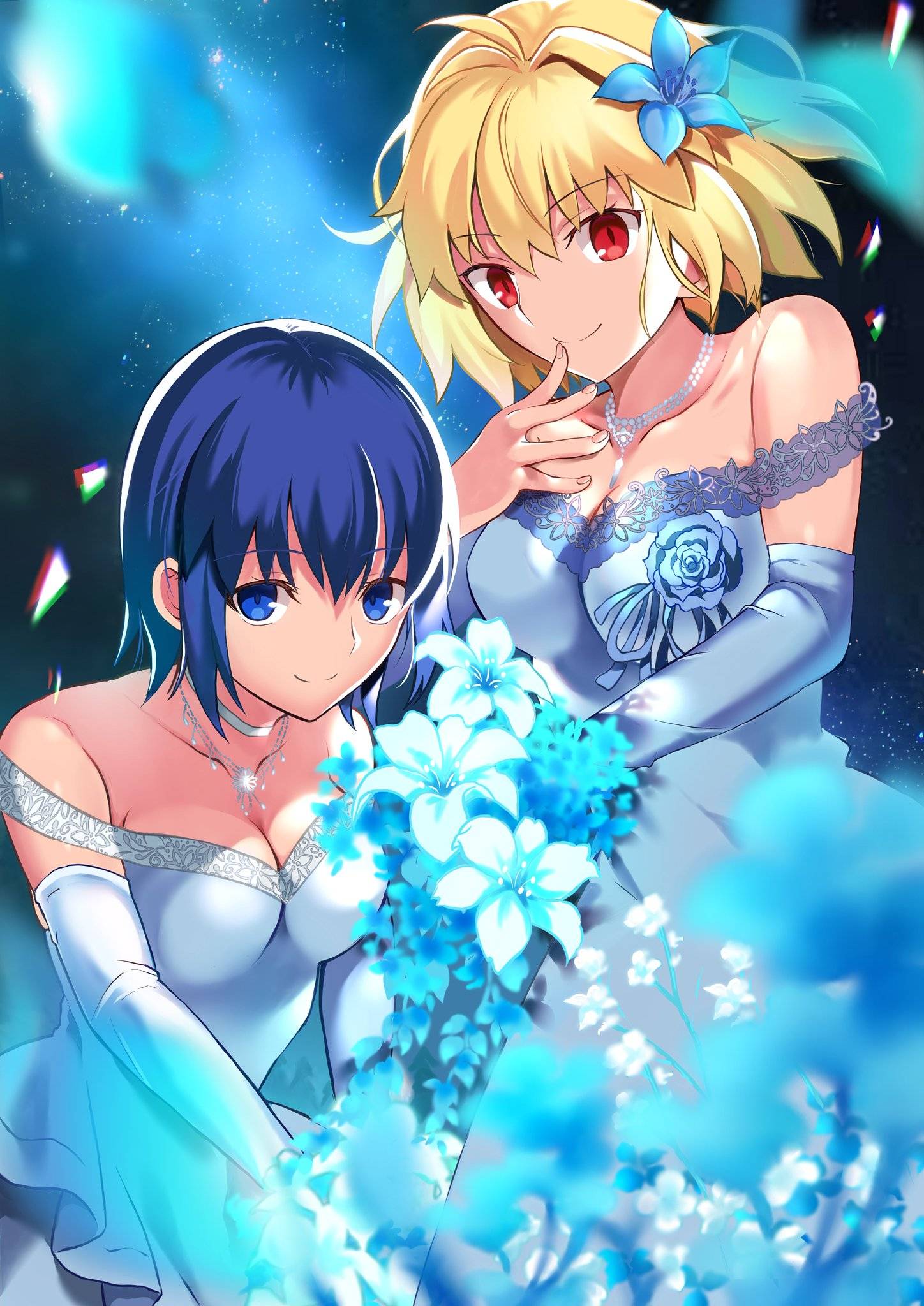 2girls alternate_costume antenna_hair arcueid_brunestud bangs bare_shoulders blonde_hair blue_dress blue_eyes blue_flower blue_gloves blue_hair blue_rose bouquet breasts ciel_(tsukihime) cleavage closed_mouth collarbone commentary_request detached_sleeves dress elbow_gloves flower formal gloves hair_flower hair_ornament highres holding holding_bouquet jewelry lily_(flower) looking_at_viewer mashimaro_tabetai medium_breasts multiple_girls necklace night night_sky outdoors red_eyes rose short_hair single_hair_intake sky smile strapless strapless_dress tsukihime tsukihime_(remake) white_flower