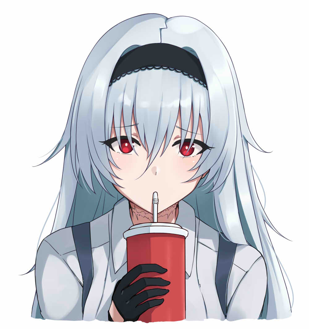 1girl agano_(yoshii_aki) black_gloves black_hairband collarbone commentary commission cup drinking drinking_straw english_commentary girls'_frontline gloves grey_hair hair_between_eyes hairband holding holding_cup long_hair looking_at_viewer red_eyes scar scar_on_neck shirt solo suspenders thunder_(girls'_frontline) upper_body white_background white_shirt
