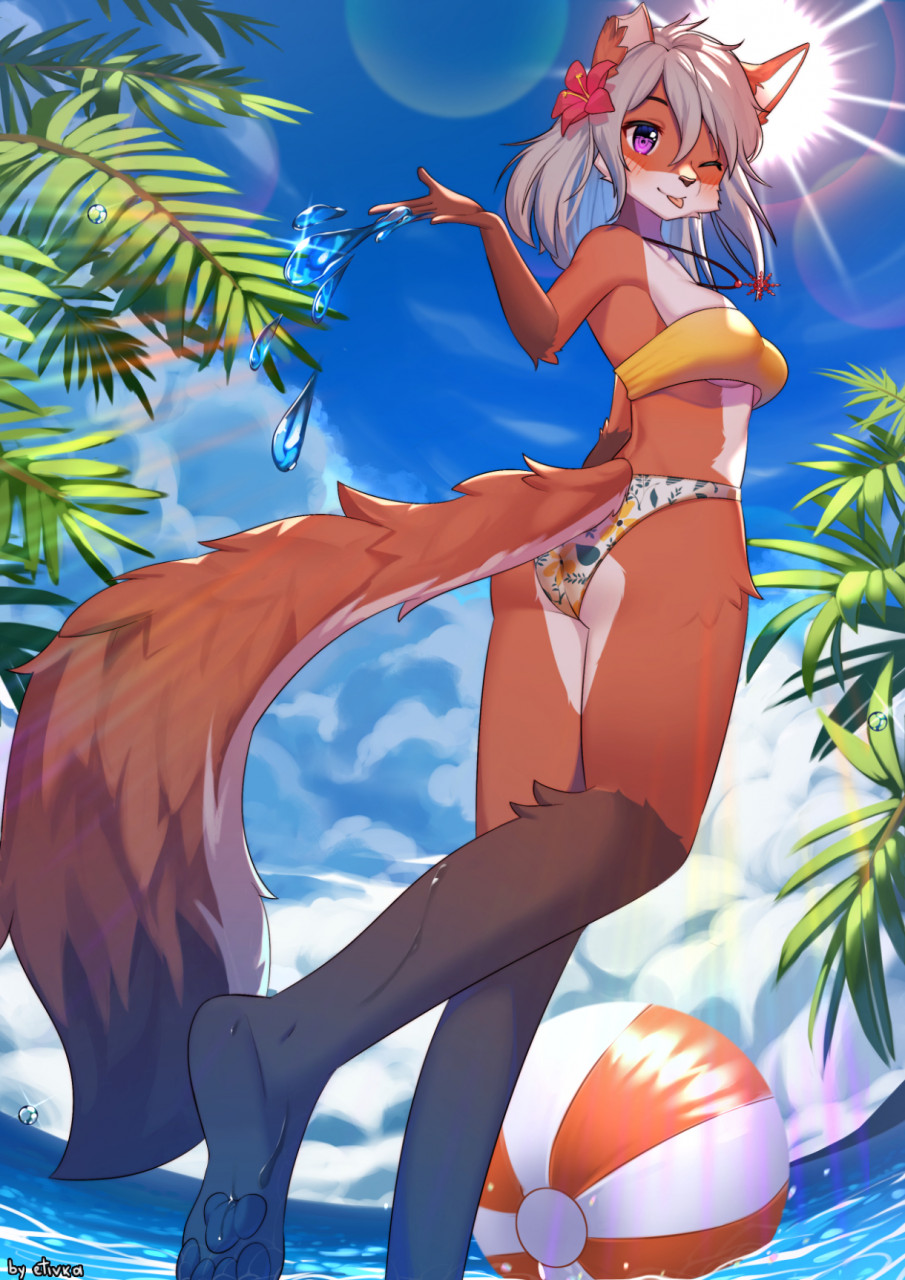 2021 5_fingers accessory anthro beach breasts canid canine clothed clothing detailed_background digital_media_(artwork) etivka female fingers flower flower_in_hair fluffy fluffy_tail fox fur hair hair_accessory hairy hi_res jewelry looking_at_viewer mammal necklace one_eye_closed pawpads paws plant purple_eyes red_body red_fur seaside smile solo swimwear tongue tongue_out water white_body white_fur